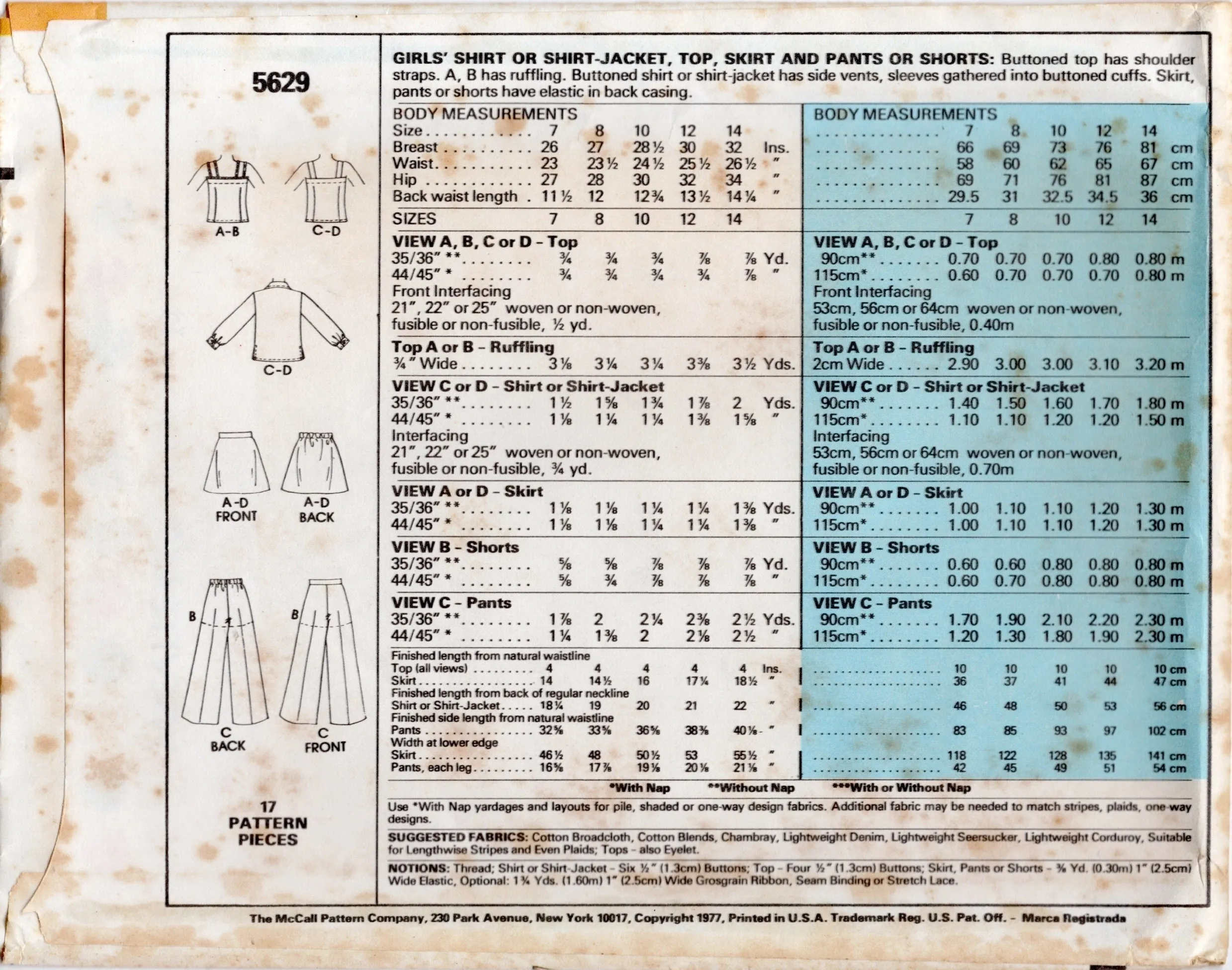 1970's McCall's Child's Shirt or Shirt-Jacket, Top, Skirt and Pants Pattern - Chest 32" - No. 5629