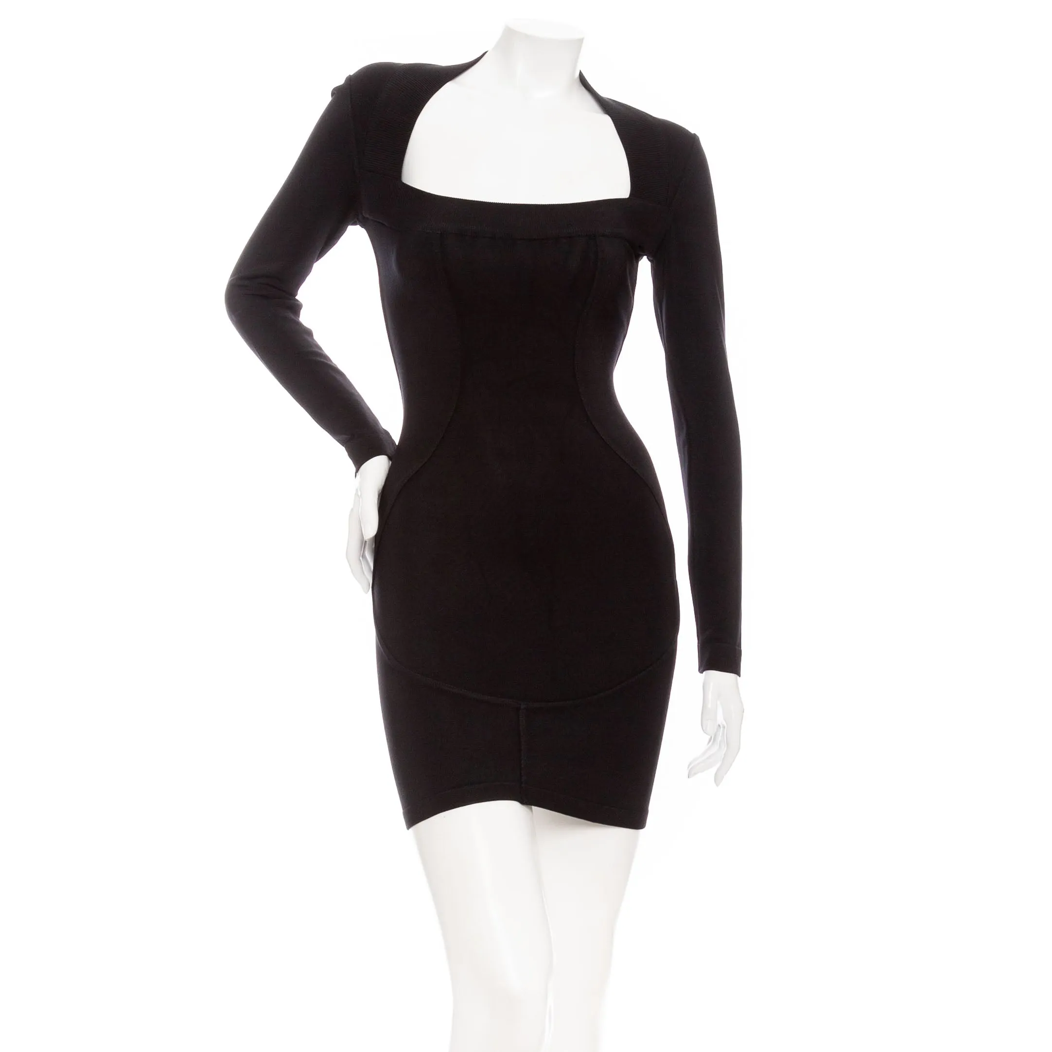 1980s Black Ribbed Knit Bodycon Mini Dress