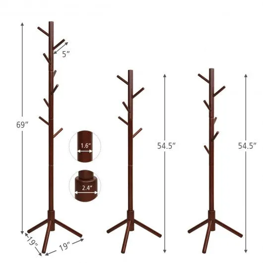 2 Heights Wooden Coat Rack with 8 Hooks-Walnut