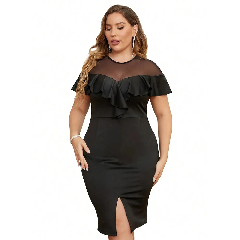 2024 Sexy Mesh Raglan Sleeve Bodycon Midi Dress - Women’s Plus Size Spring Summer Casual Party Club Gown