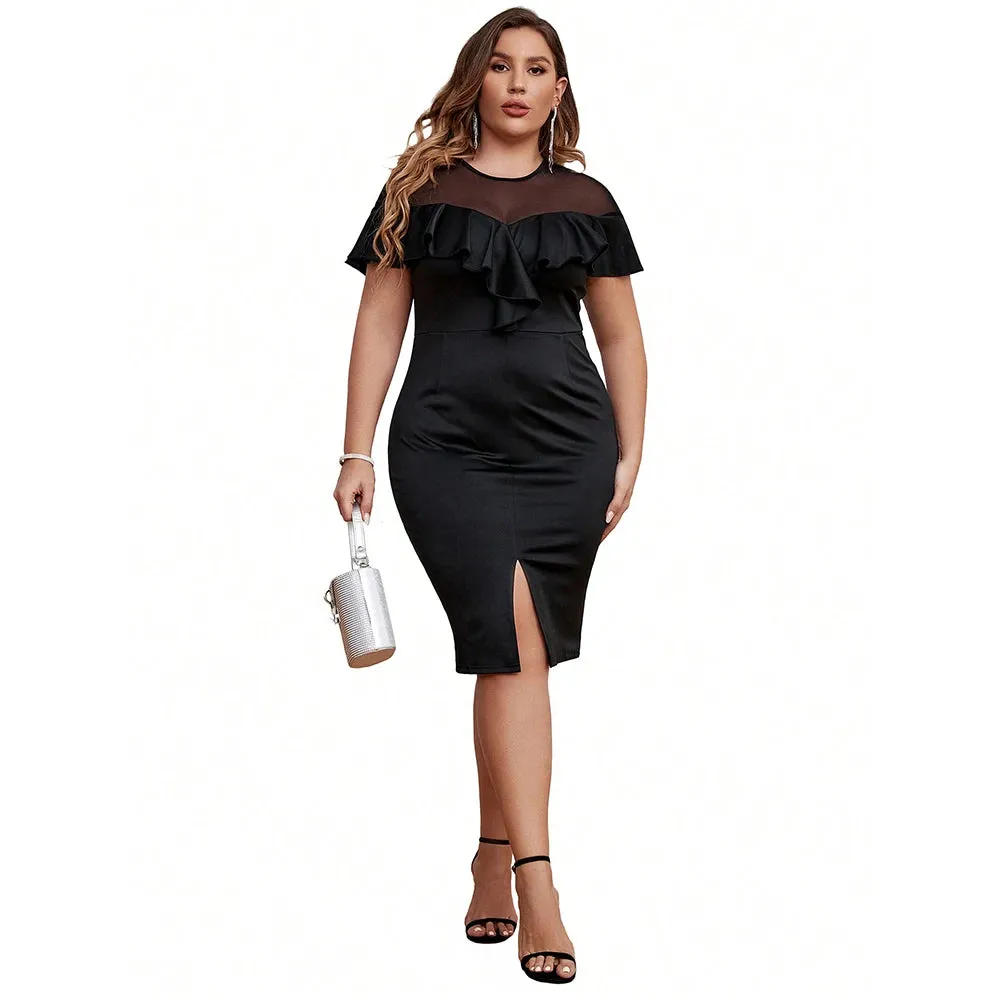 2024 Sexy Mesh Raglan Sleeve Bodycon Midi Dress - Women’s Plus Size Spring Summer Casual Party Club Gown