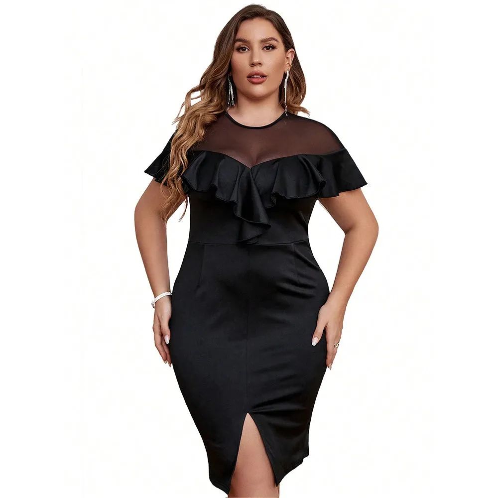 2024 Sexy Mesh Raglan Sleeve Bodycon Midi Dress - Women’s Plus Size Spring Summer Casual Party Club Gown