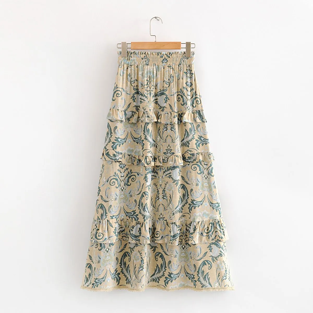 90s Fashion Retro Elastic Waist Paisley Ruffle Midi Skirt