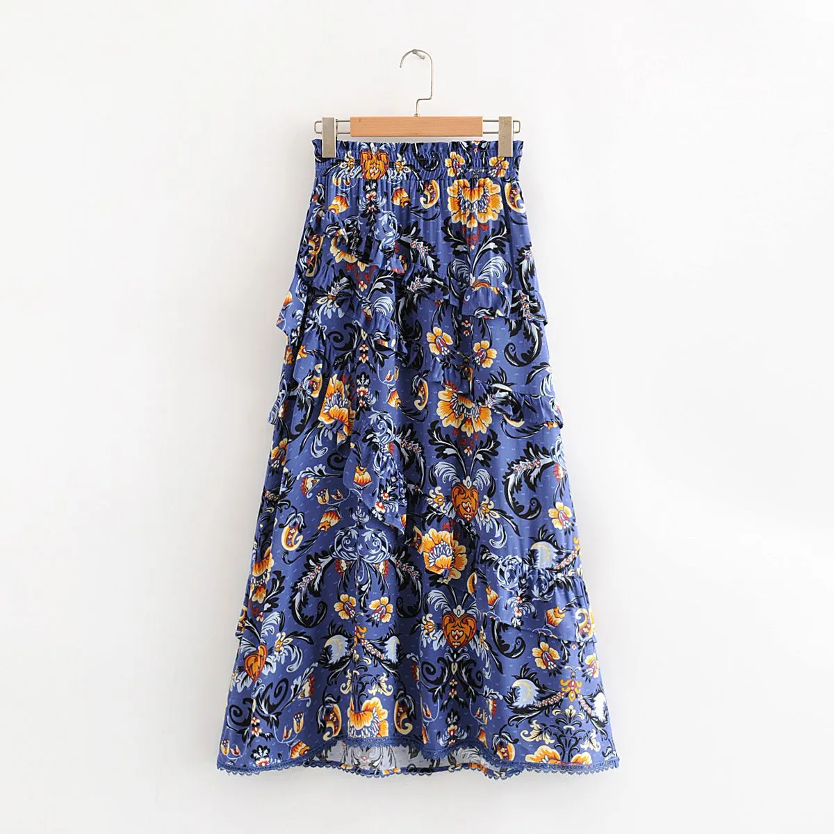 90s Fashion Retro Elastic Waist Paisley Ruffle Midi Skirt