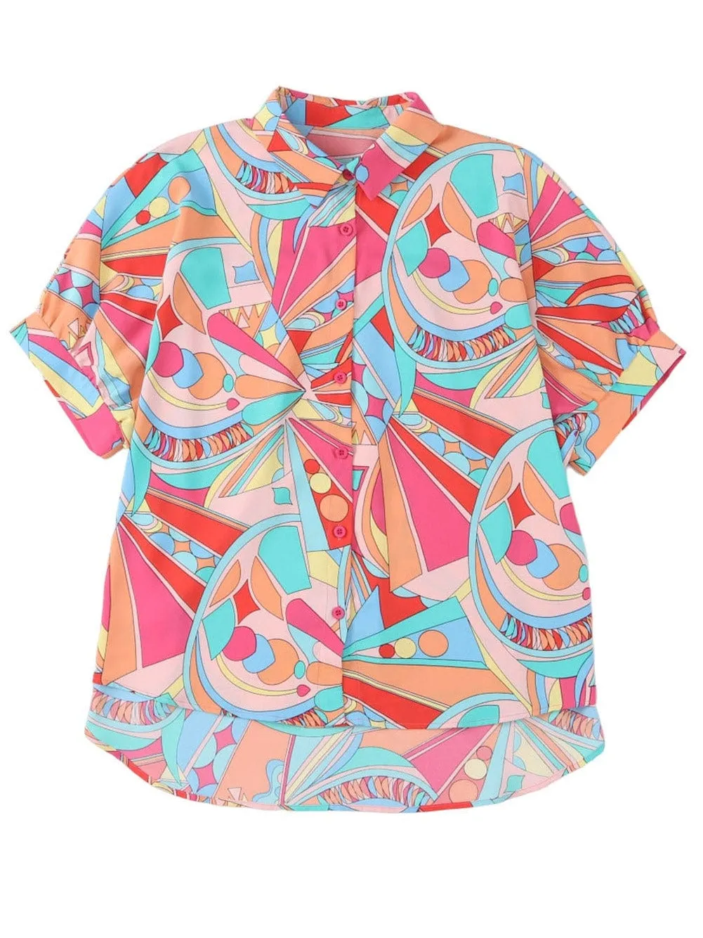 Abstract Geometry Print Puff Sleeve Blouse - Multicolor Shift Shirt