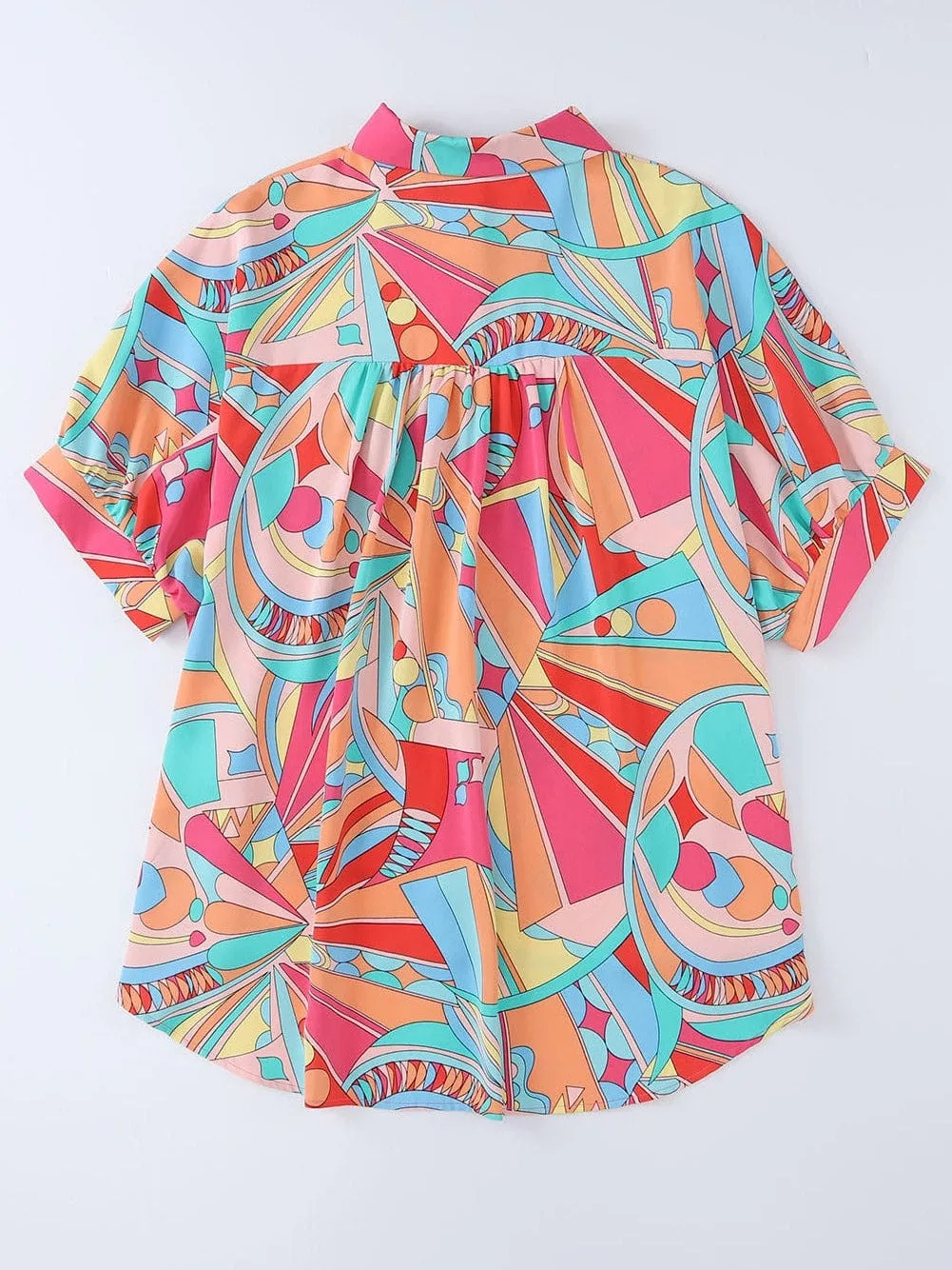 Abstract Geometry Print Puff Sleeve Blouse - Multicolor Shift Shirt