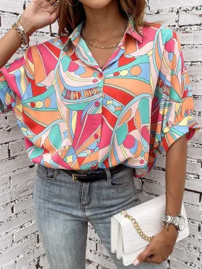 Abstract Geometry Print Puff Sleeve Blouse - Multicolor Shift Shirt