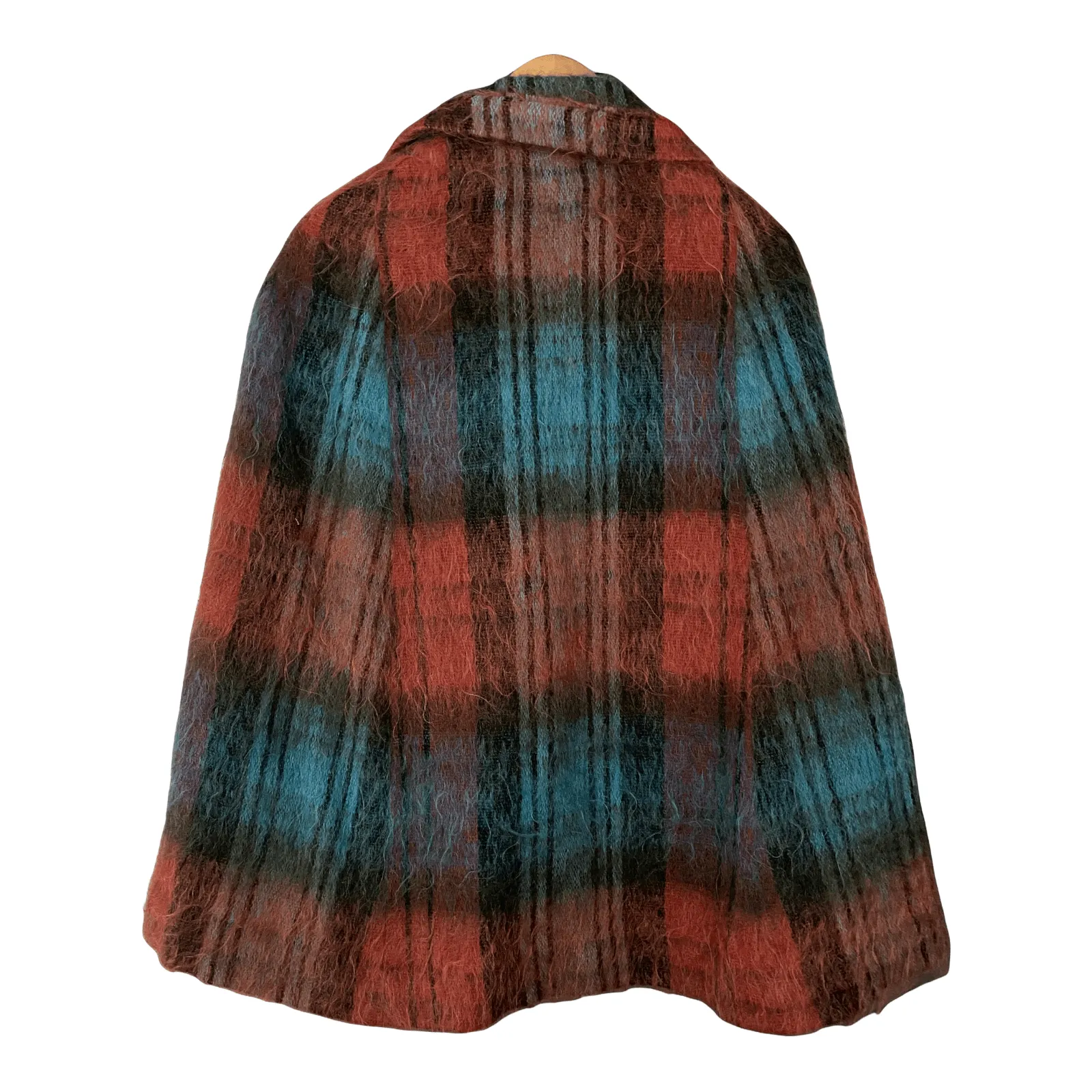 Andrew Stewart Vintage Wool and Mohair Tartan Cape with Belt Red Blue Size M/L