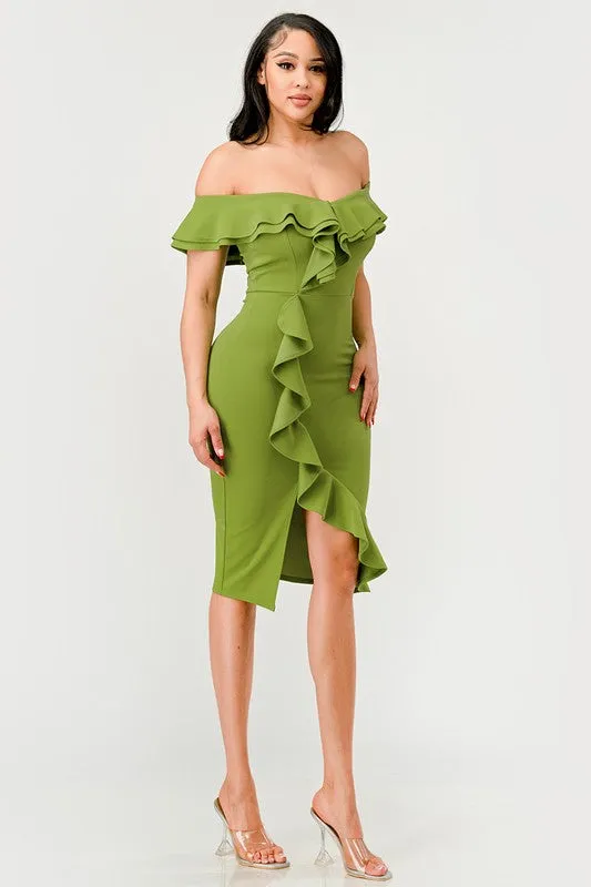 Apple Green Off Shoulder Ruffle Trim Bodycon Dress