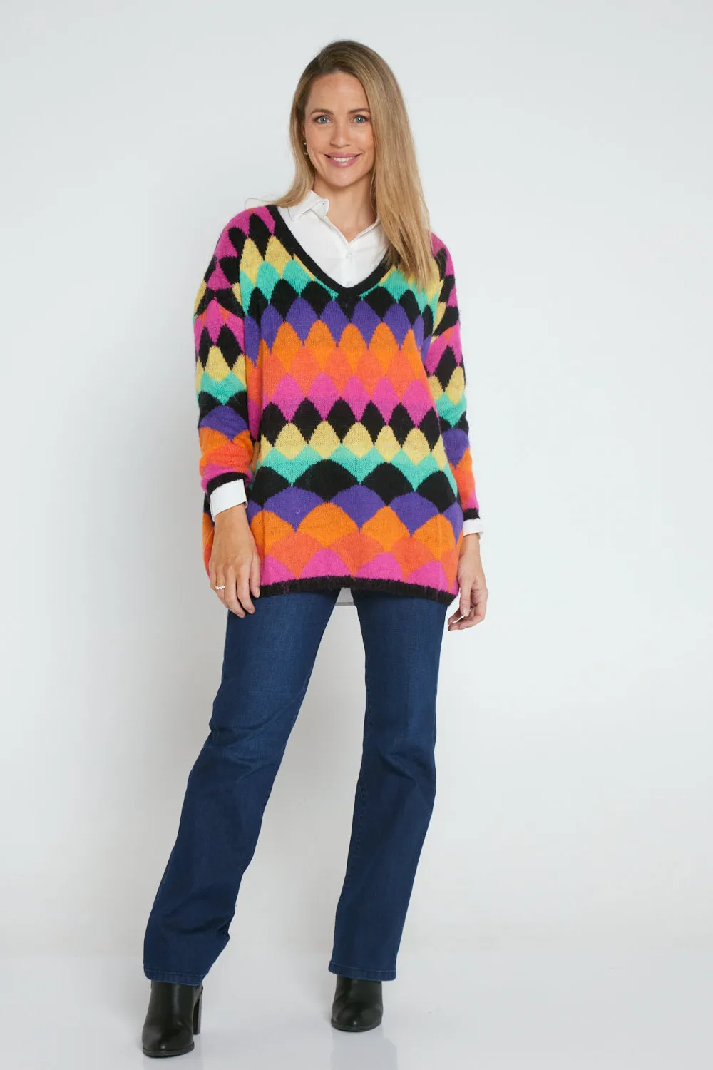 Argyle Knit Jumper - Black/Rainbow