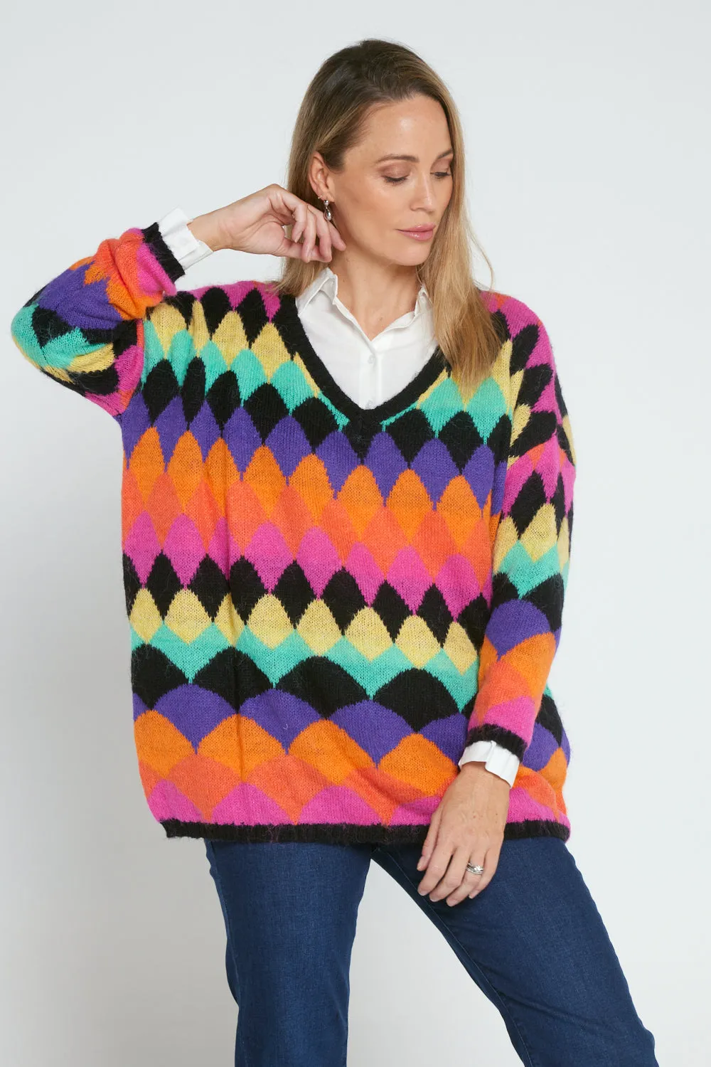 Argyle Knit Jumper - Black/Rainbow