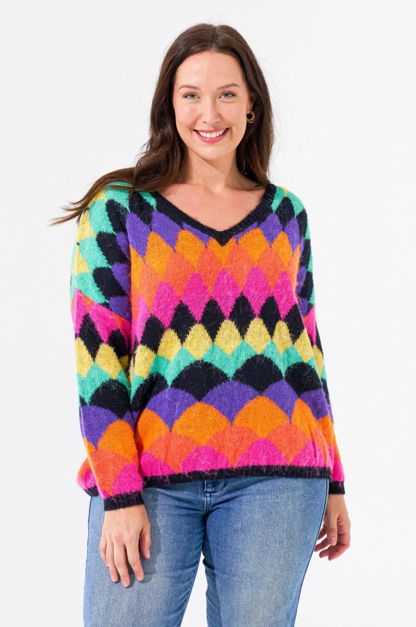 Argyle Knit Jumper - Black/Rainbow