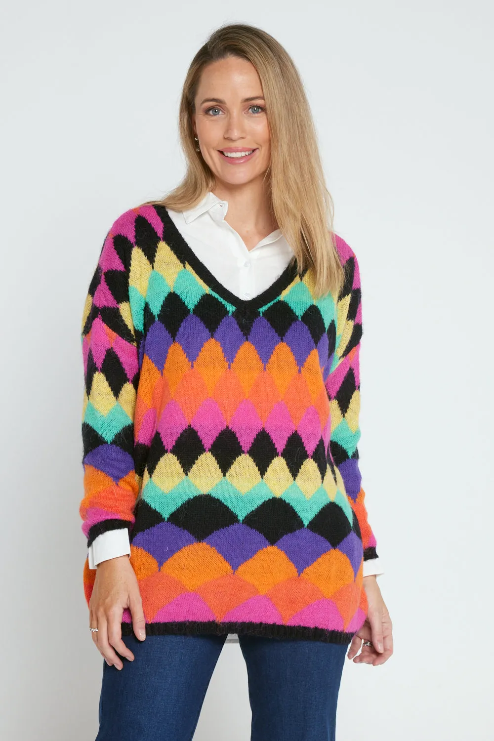 Argyle Knit Jumper - Black/Rainbow