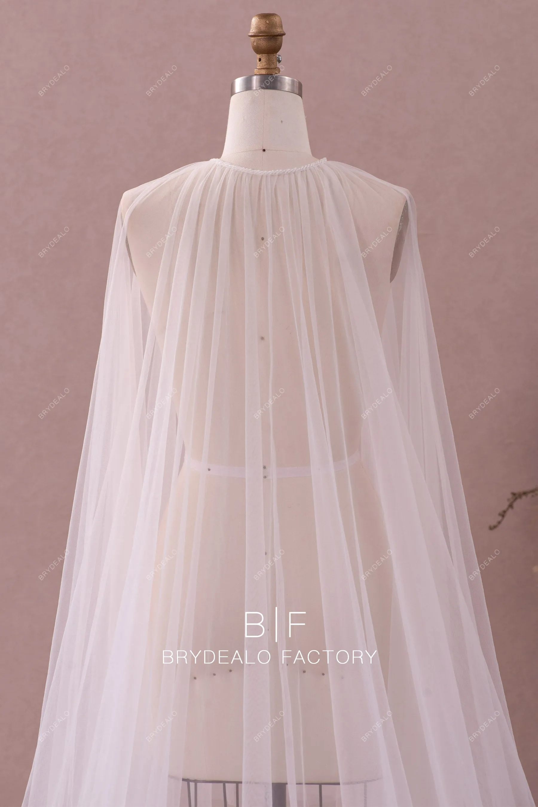 Beaded Neck Royal Length Bridal Cape Veil Wedding Separates