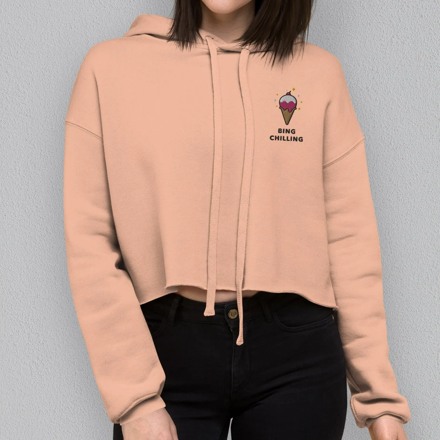 Bing Chilling Embroidered Crop Hoodie