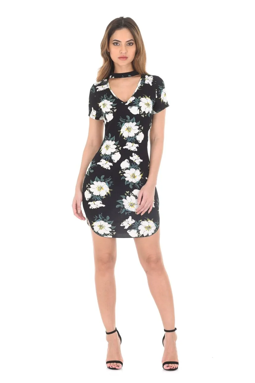 Black Floral Choker Mini Bodycon Dress