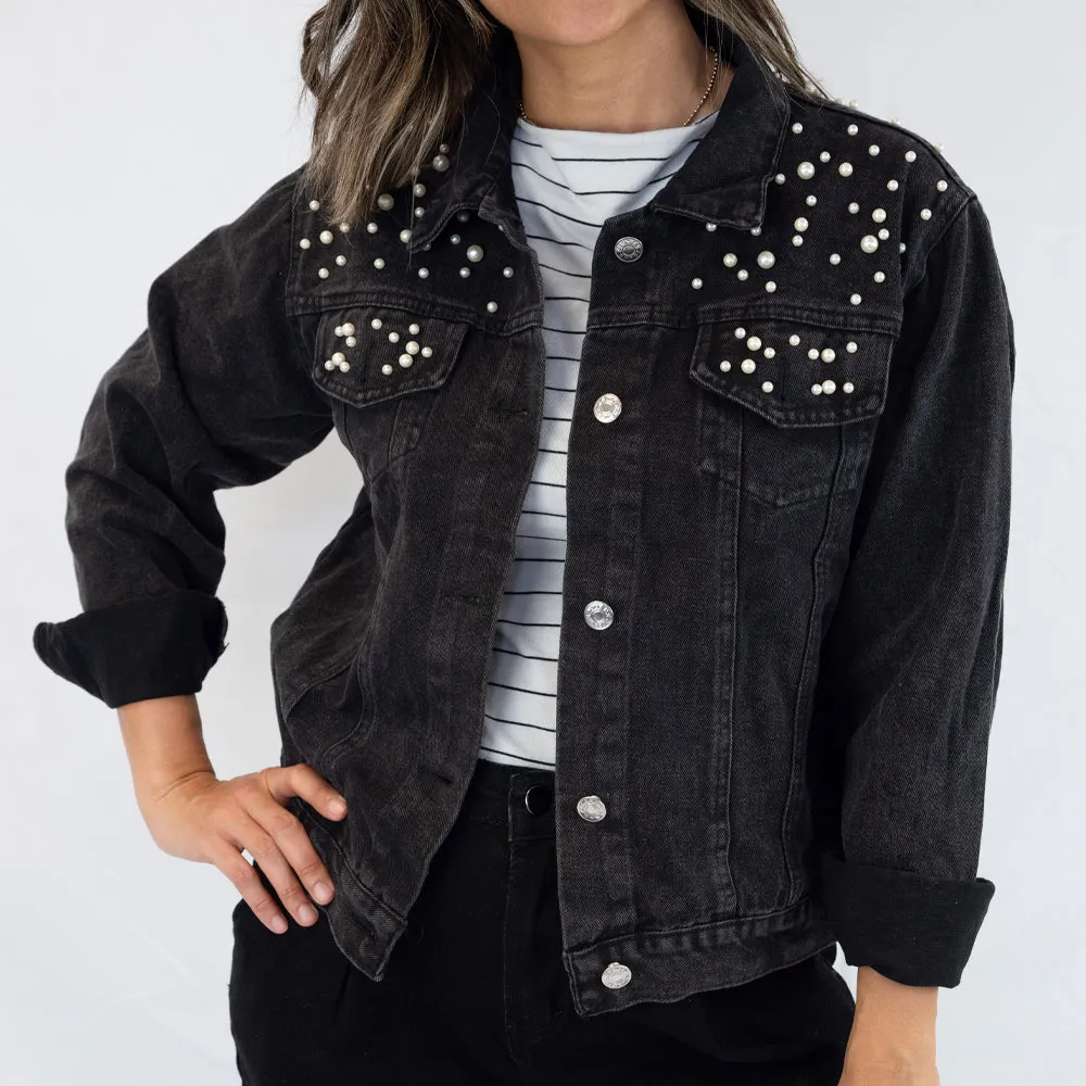 (Black Pearl) Personalized Patch  Pearl Denim Jacket