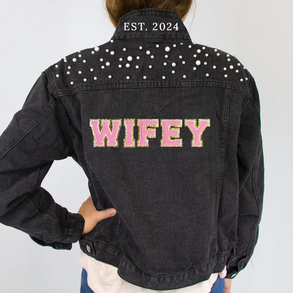 (Black Pearl) Personalized Patch  Pearl Denim Jacket