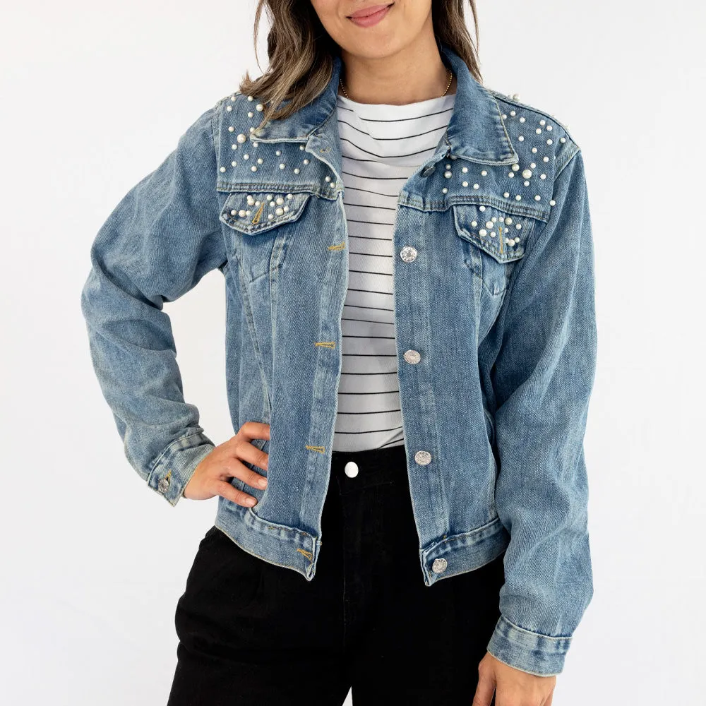 (Black Pearl) Personalized Patch  Pearl Denim Jacket