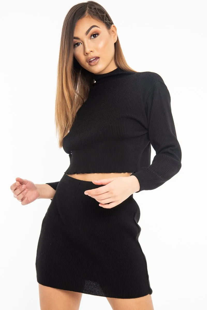 Black Rib Knit Crop Jumper Mini Skirt Co-Ord - Katie