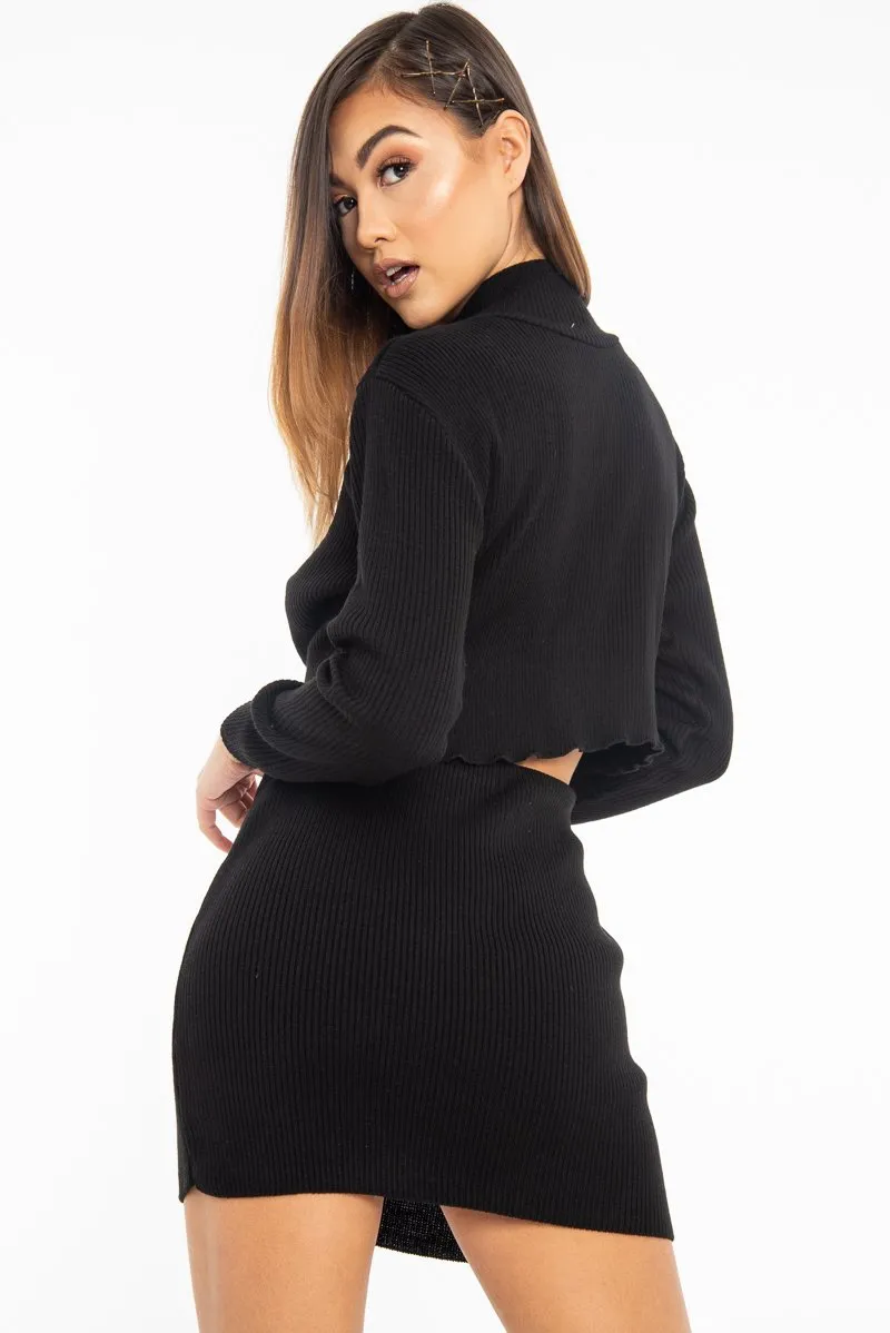 Black Rib Knit Crop Jumper Mini Skirt Co-Ord - Katie