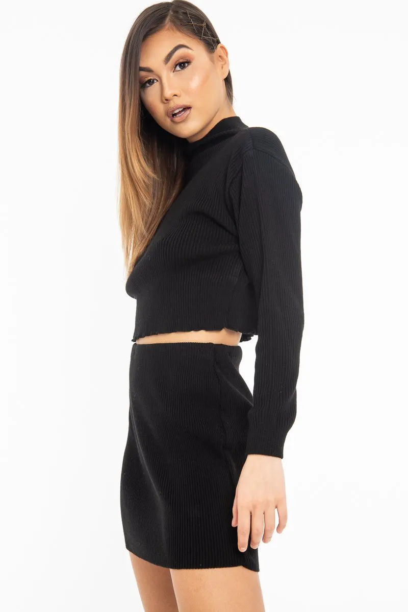 Black Rib Knit Crop Jumper Mini Skirt Co-Ord - Katie