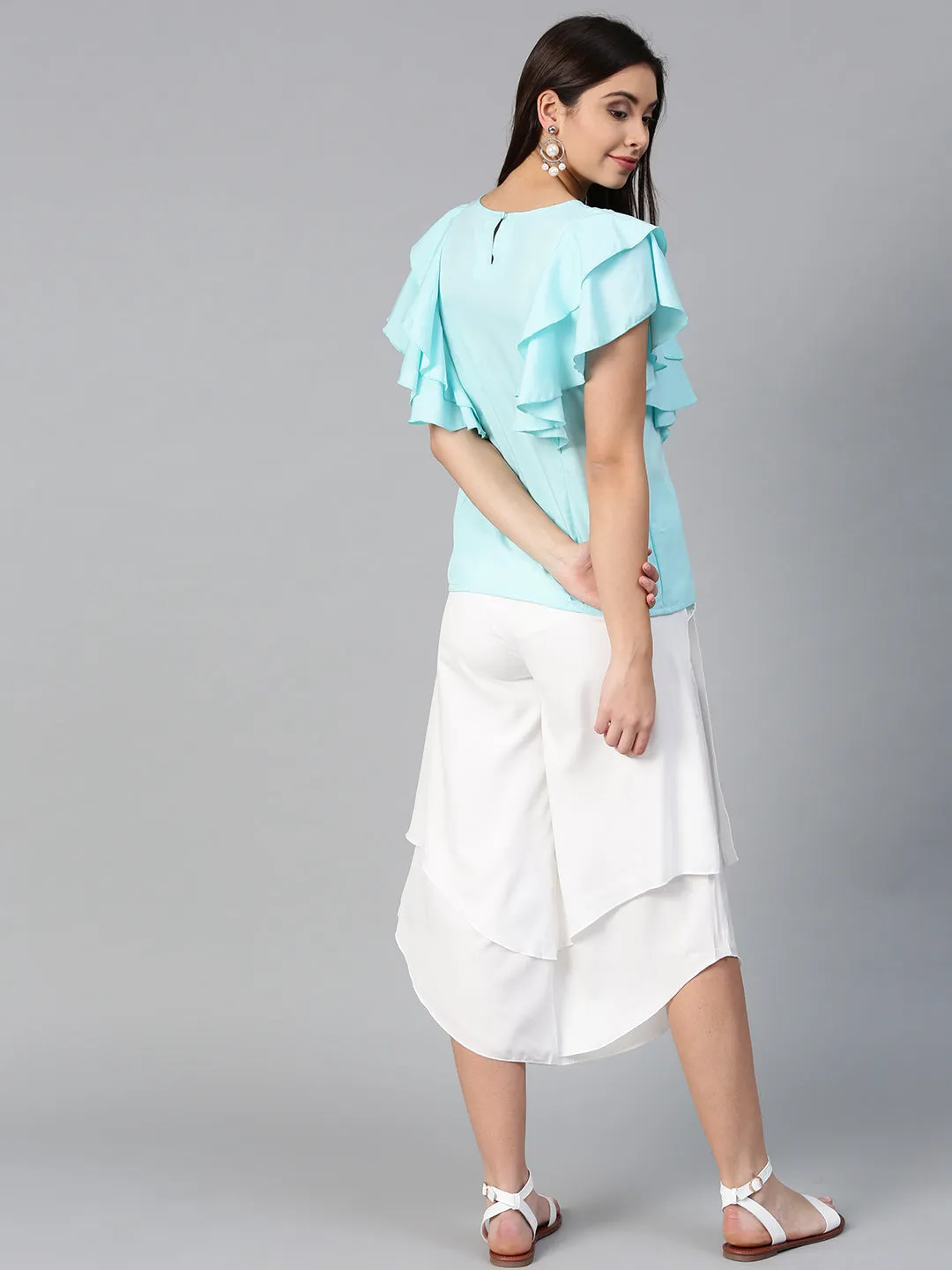 Blue Princess Ruffle Crepe Sleeveless Top & Layered Trouser Set (SKU-BLMG7823)