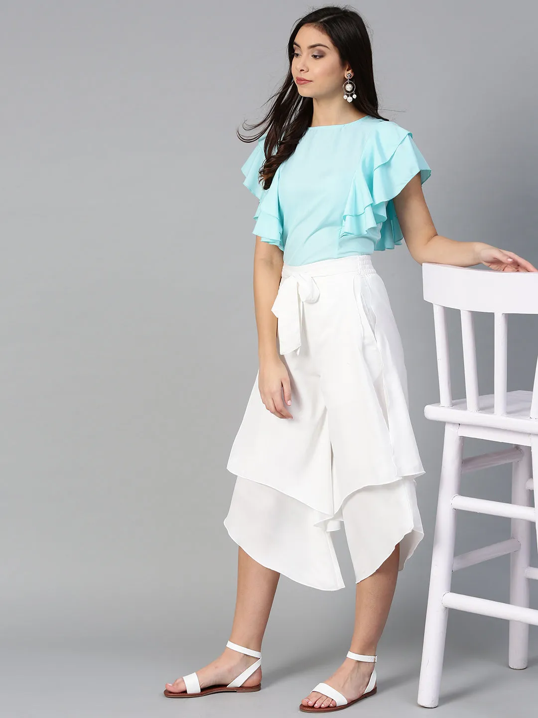 Blue Princess Ruffle Crepe Sleeveless Top & Layered Trouser Set (SKU-BLMG7823)