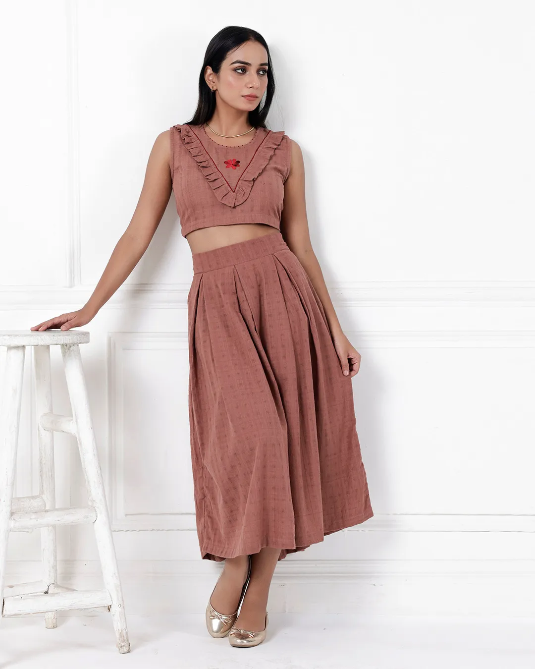 Brown ox pleat Cotton skirt