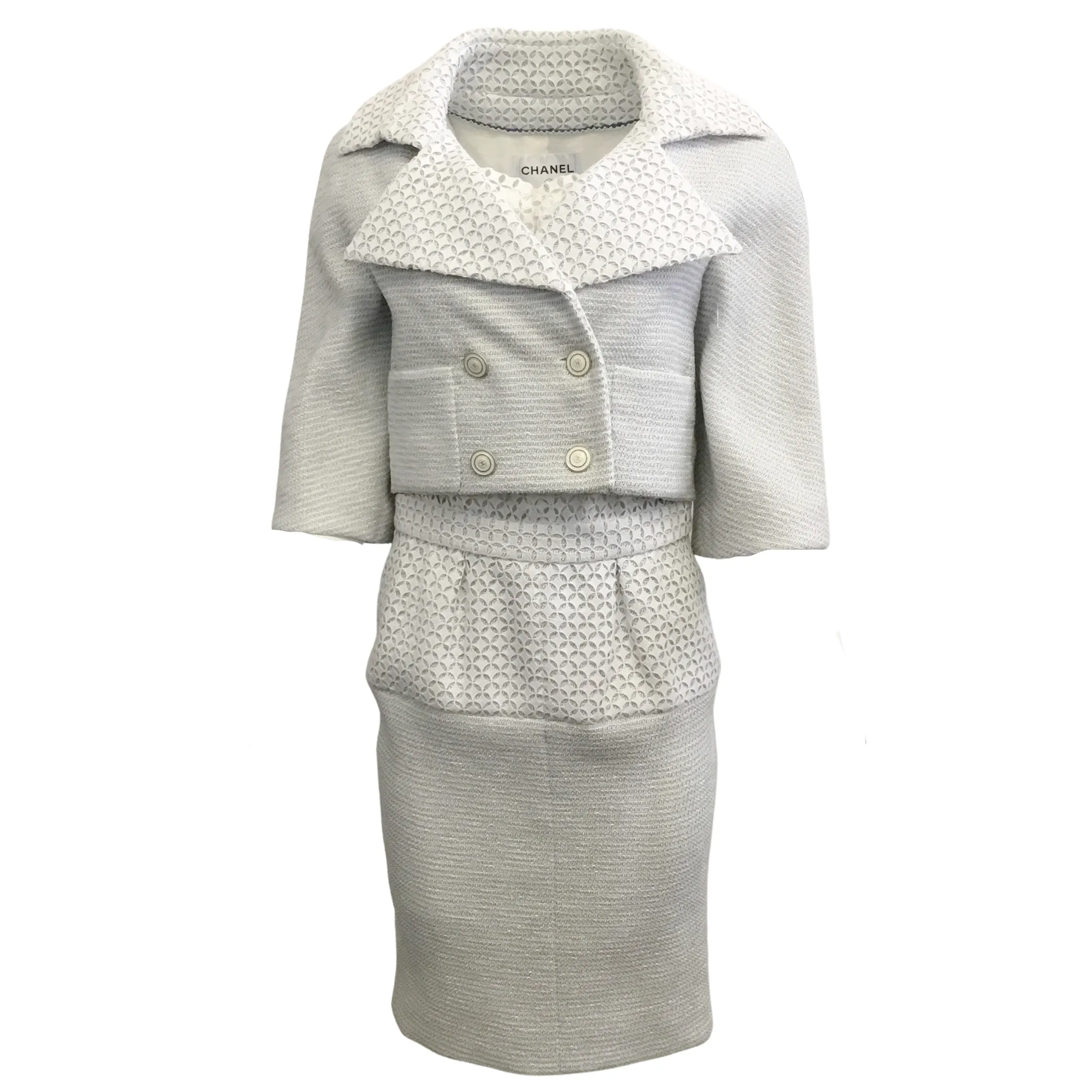 Chanel Grey and White Eyelet Dress with Jacket