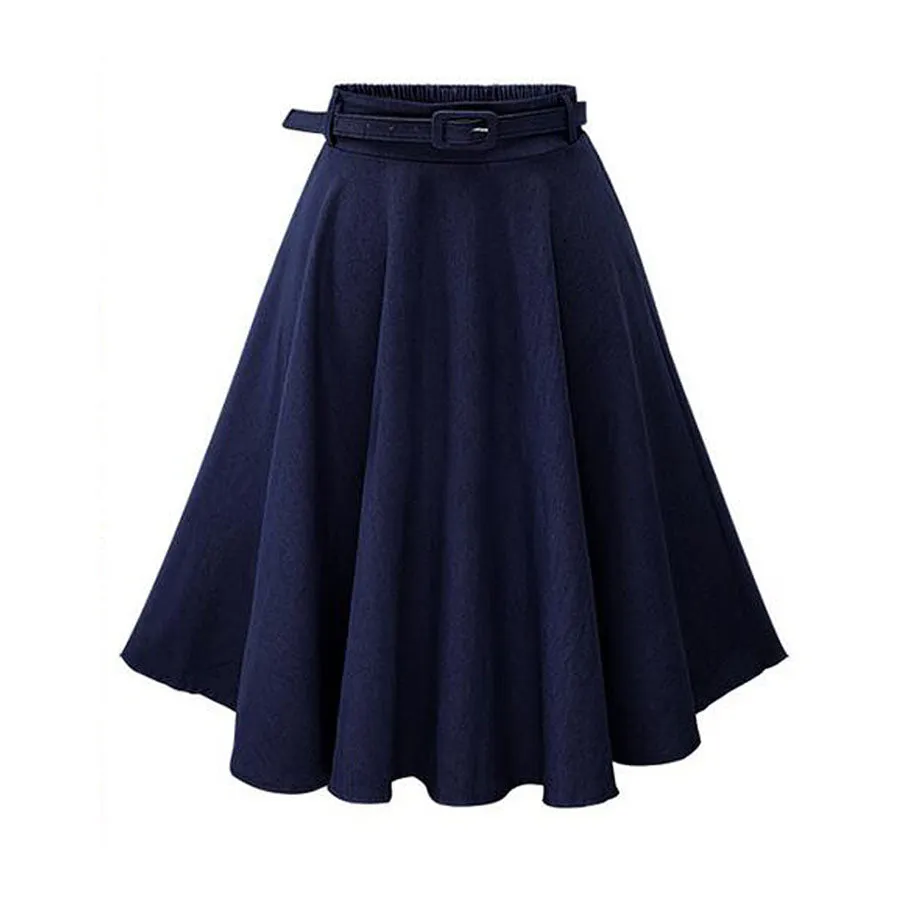 Classy Belted Waist High Waisted Full Midi Denim Skirt