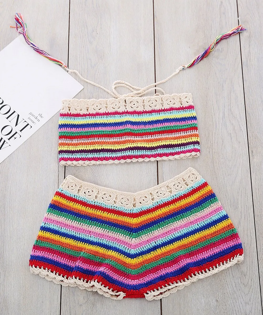 Colorful Stripes Hand Hook Beach Sexy Holiday Sunscreen Top Shorts Skirt Suit