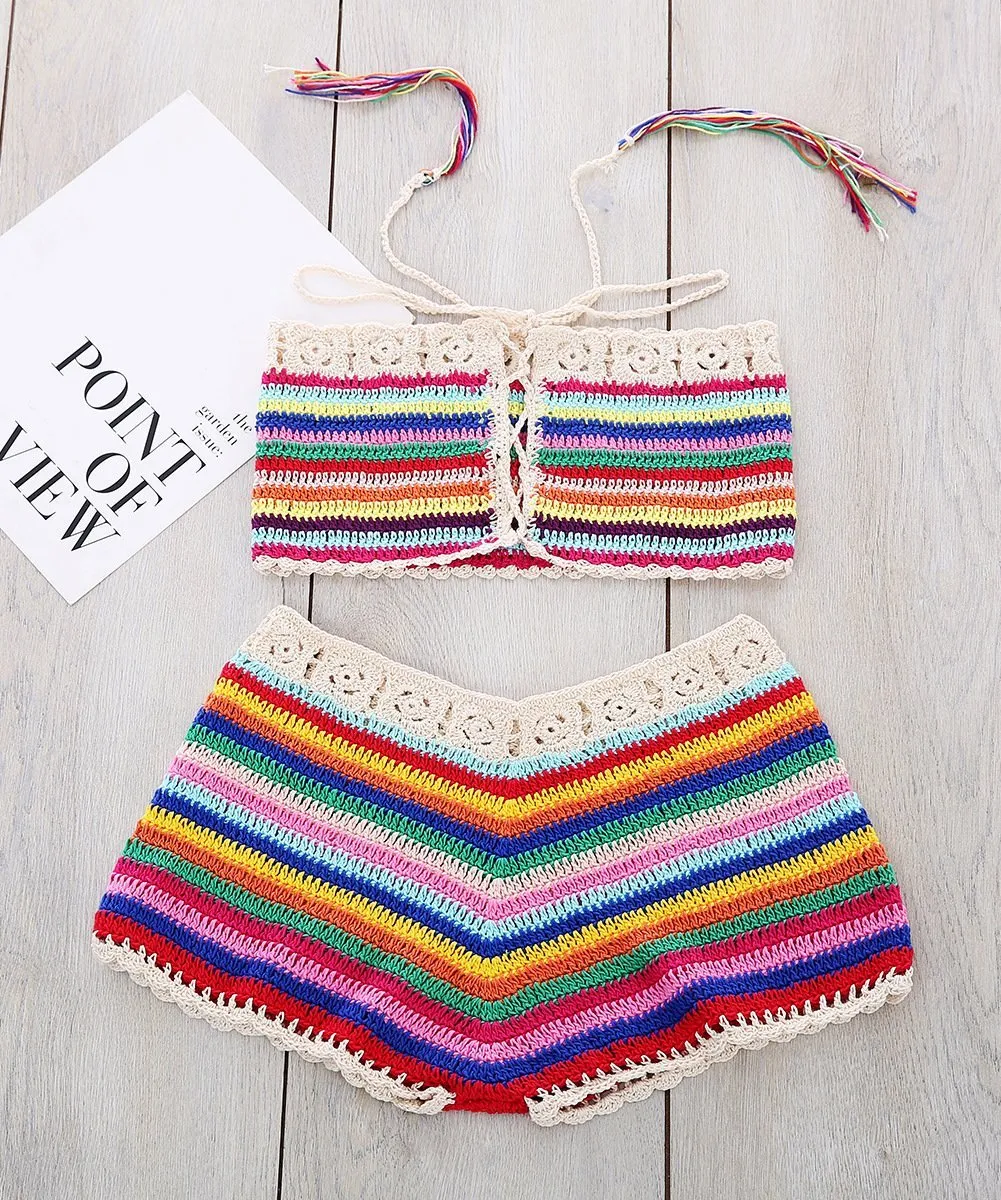 Colorful Stripes Hand Hook Beach Sexy Holiday Sunscreen Top Shorts Skirt Suit