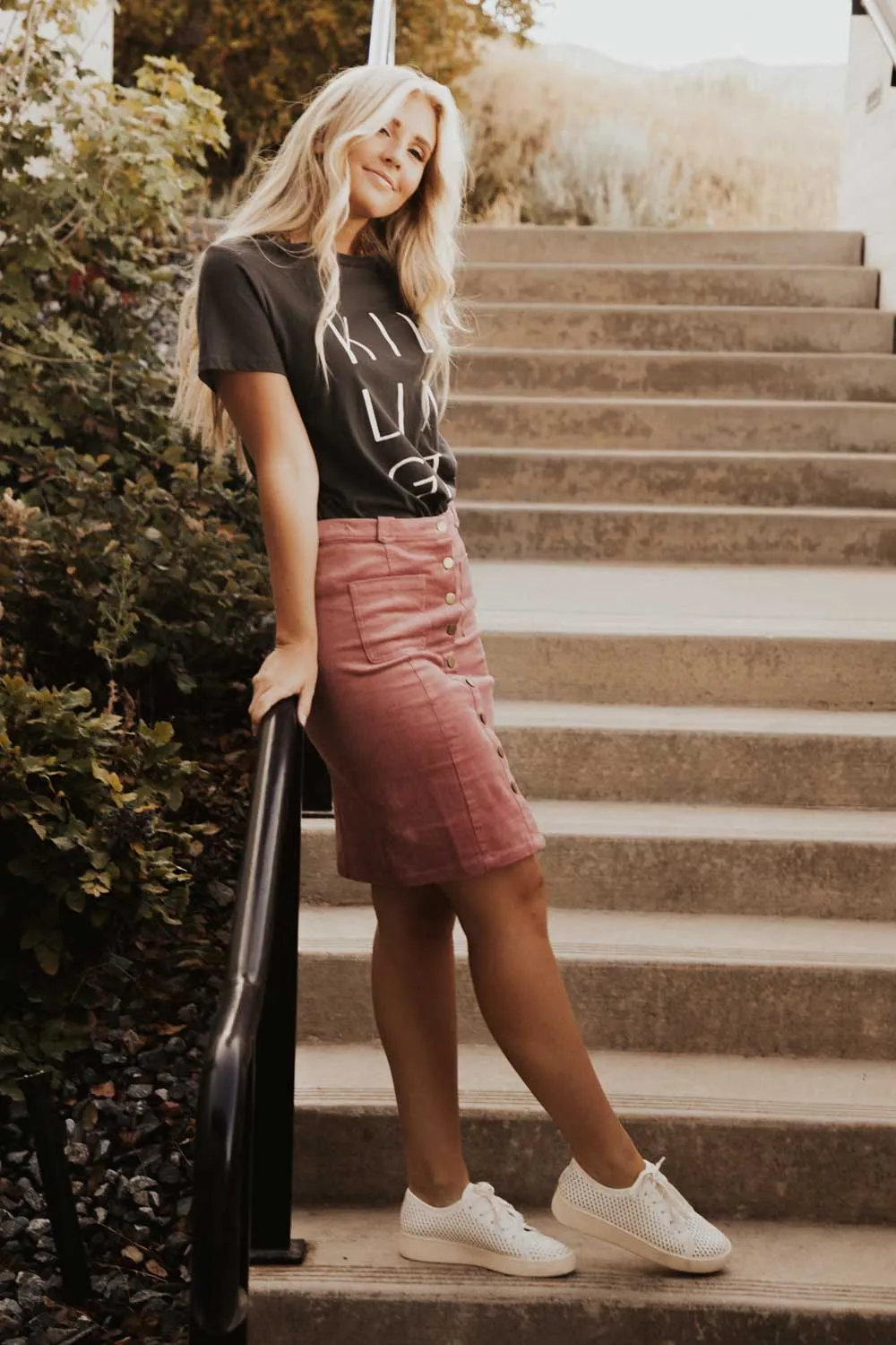 Corduroy Button Down Skirt in Pink