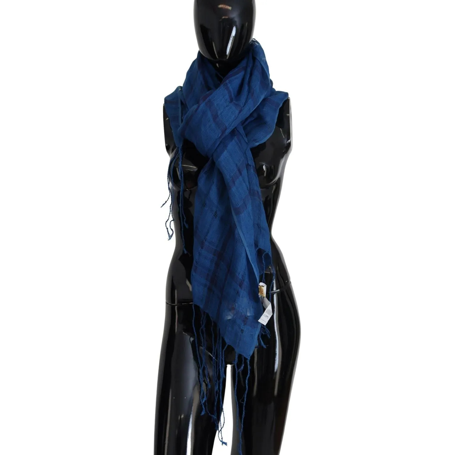 Costume National Chic Linen Fringed Scarf in Blue Checkered