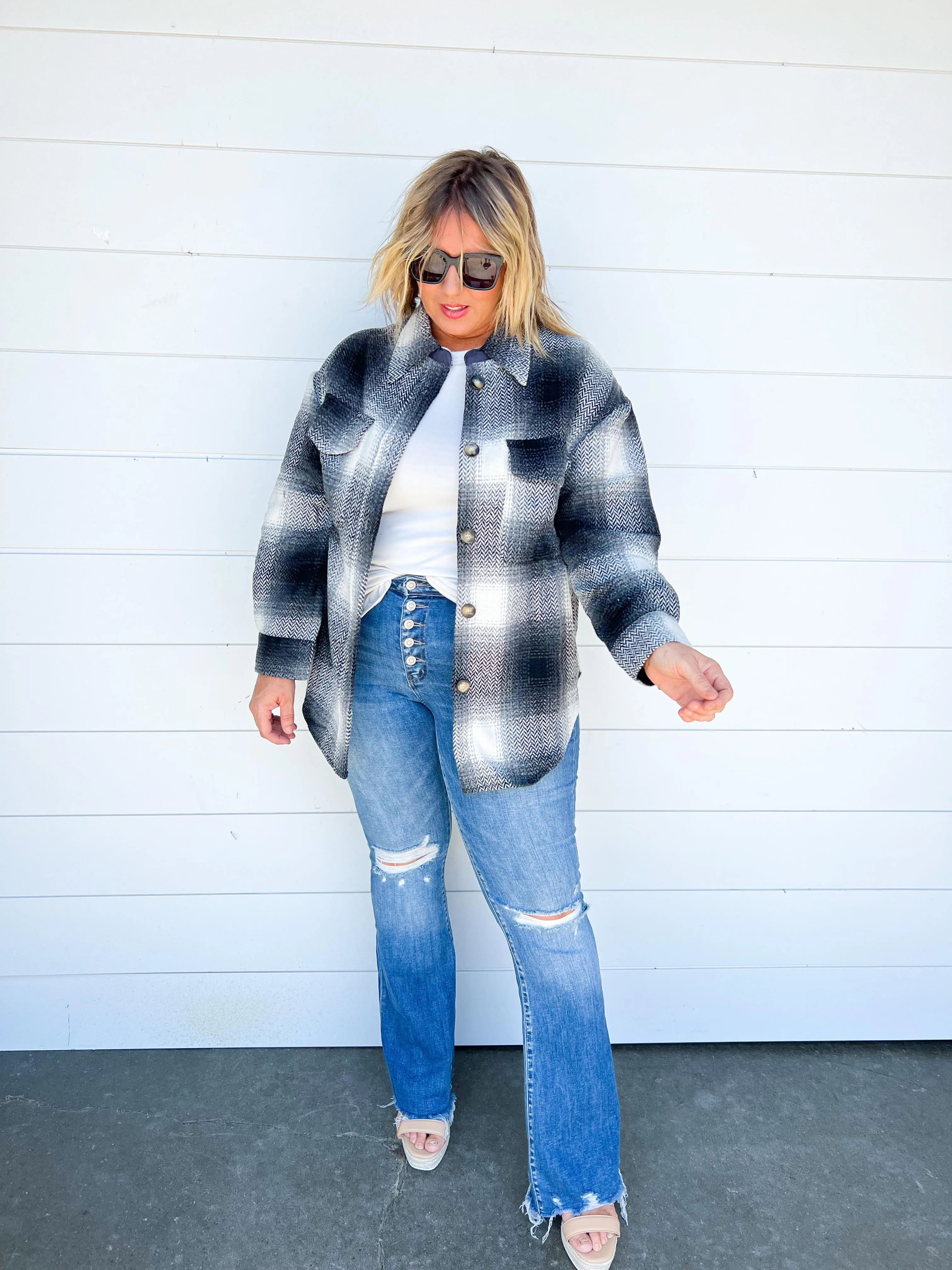 COZY OVERSIZED PLAID BUTTON DOWN SHIRT JACKET - Final Sale