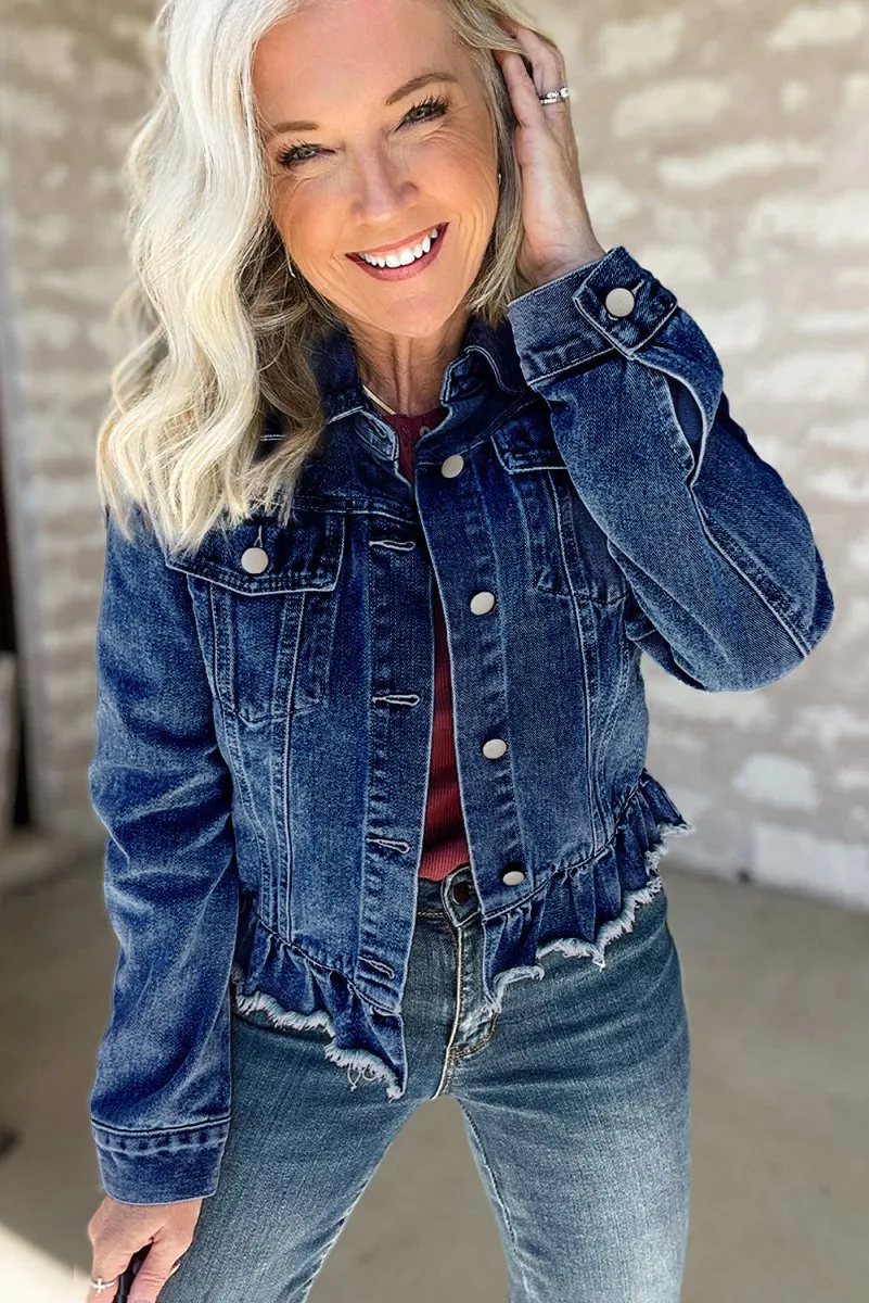 Dani Ruffle Distressed Denim Jacket