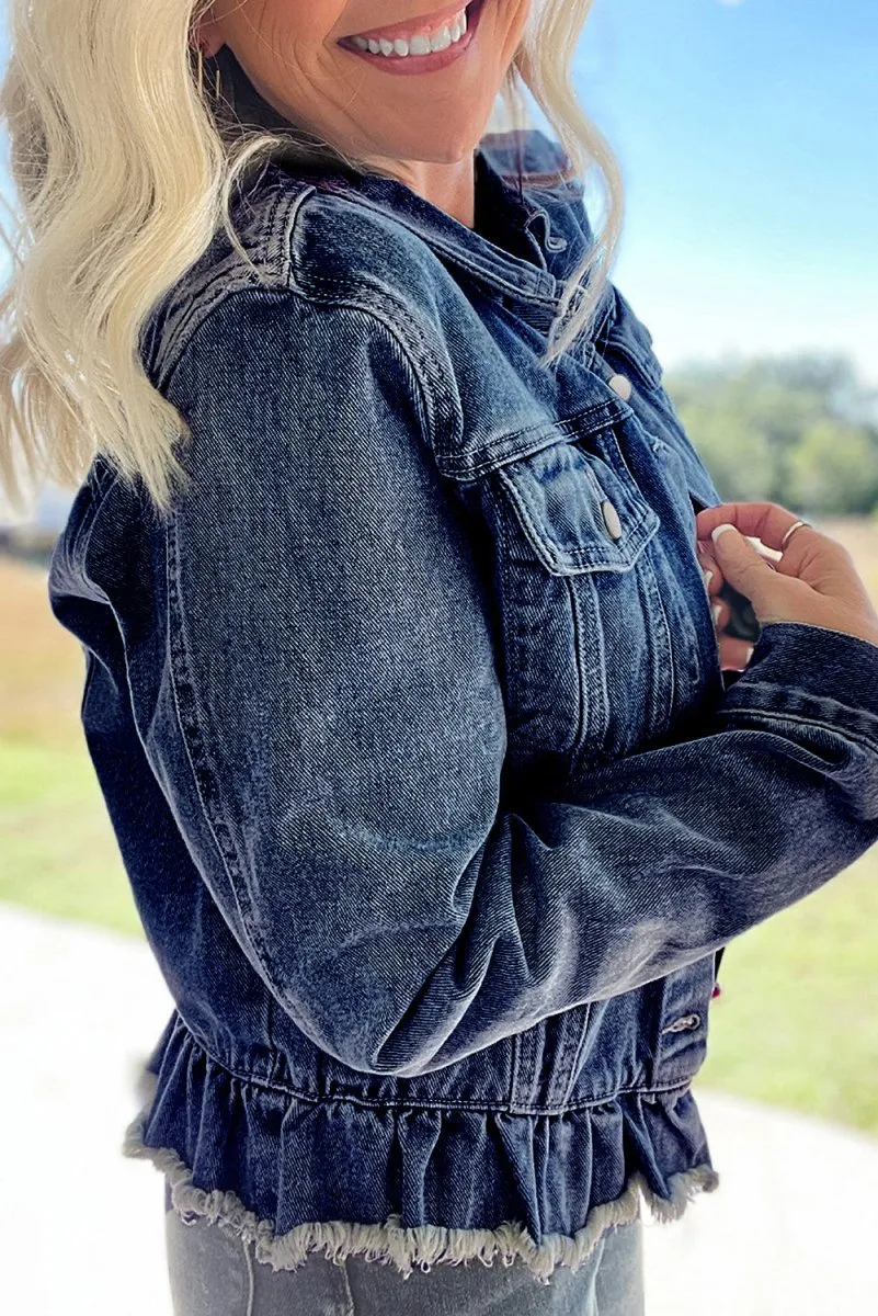 Dani Ruffle Distressed Denim Jacket