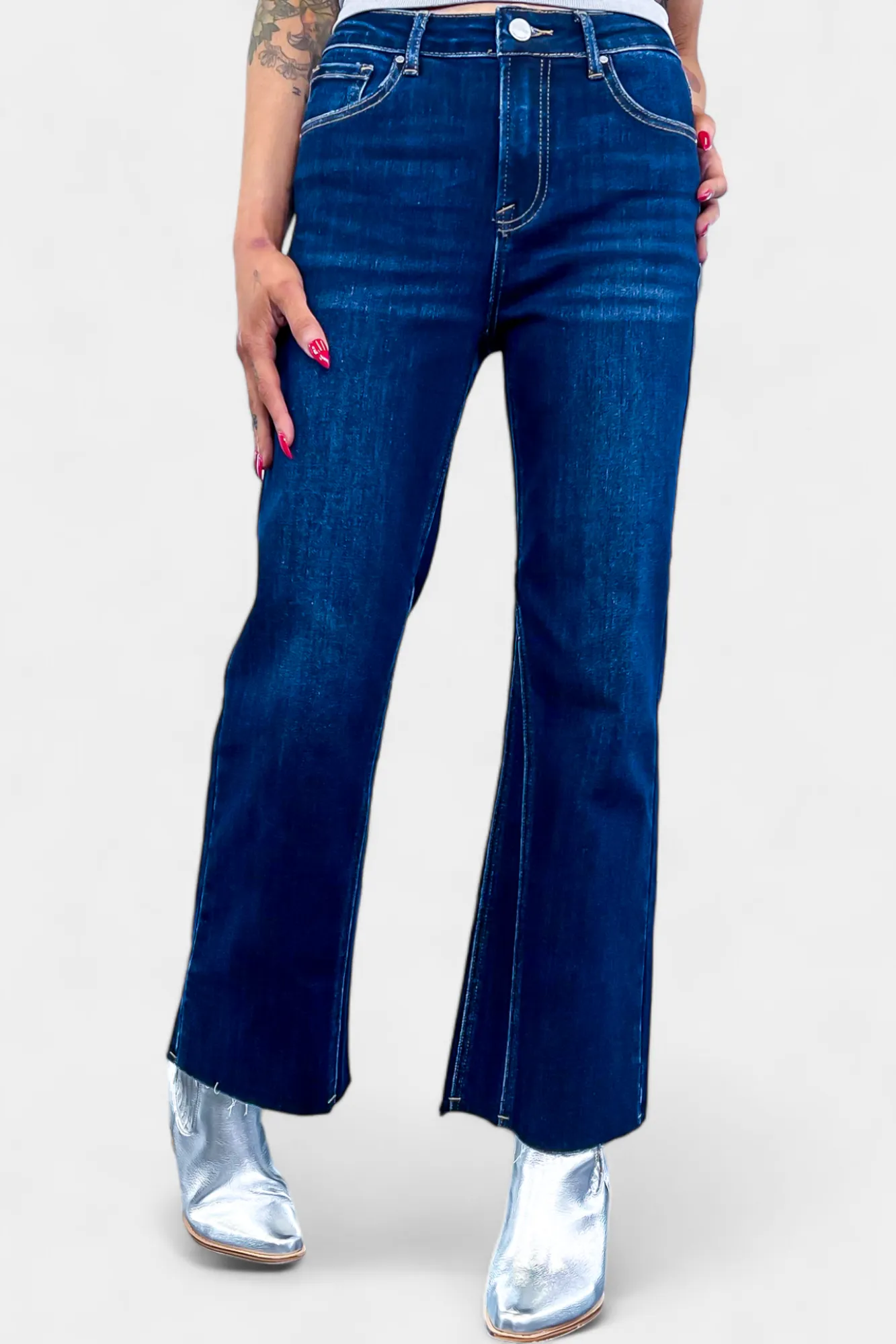 Dark Wash Mid Rise Ankle Flare Jeans