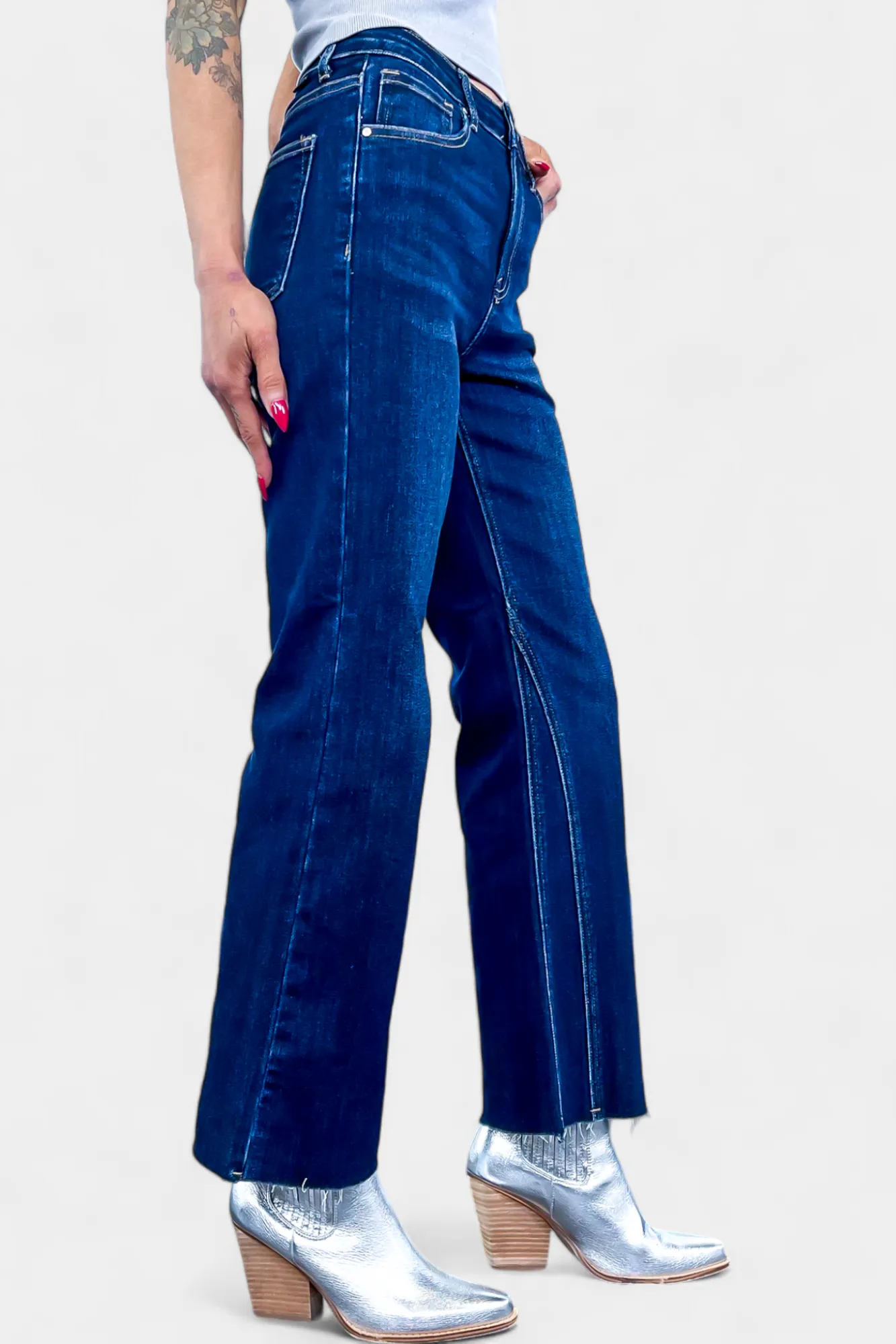 Dark Wash Mid Rise Ankle Flare Jeans