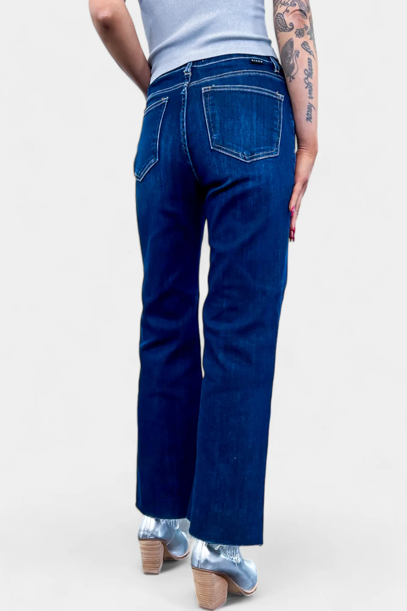 Dark Wash Mid Rise Ankle Flare Jeans