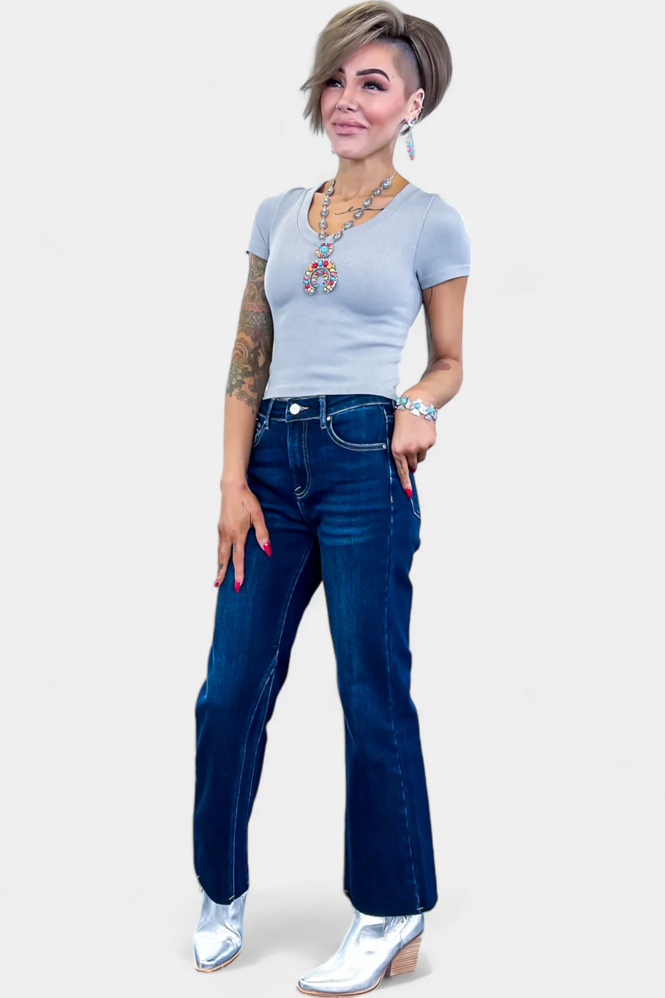 Dark Wash Mid Rise Ankle Flare Jeans