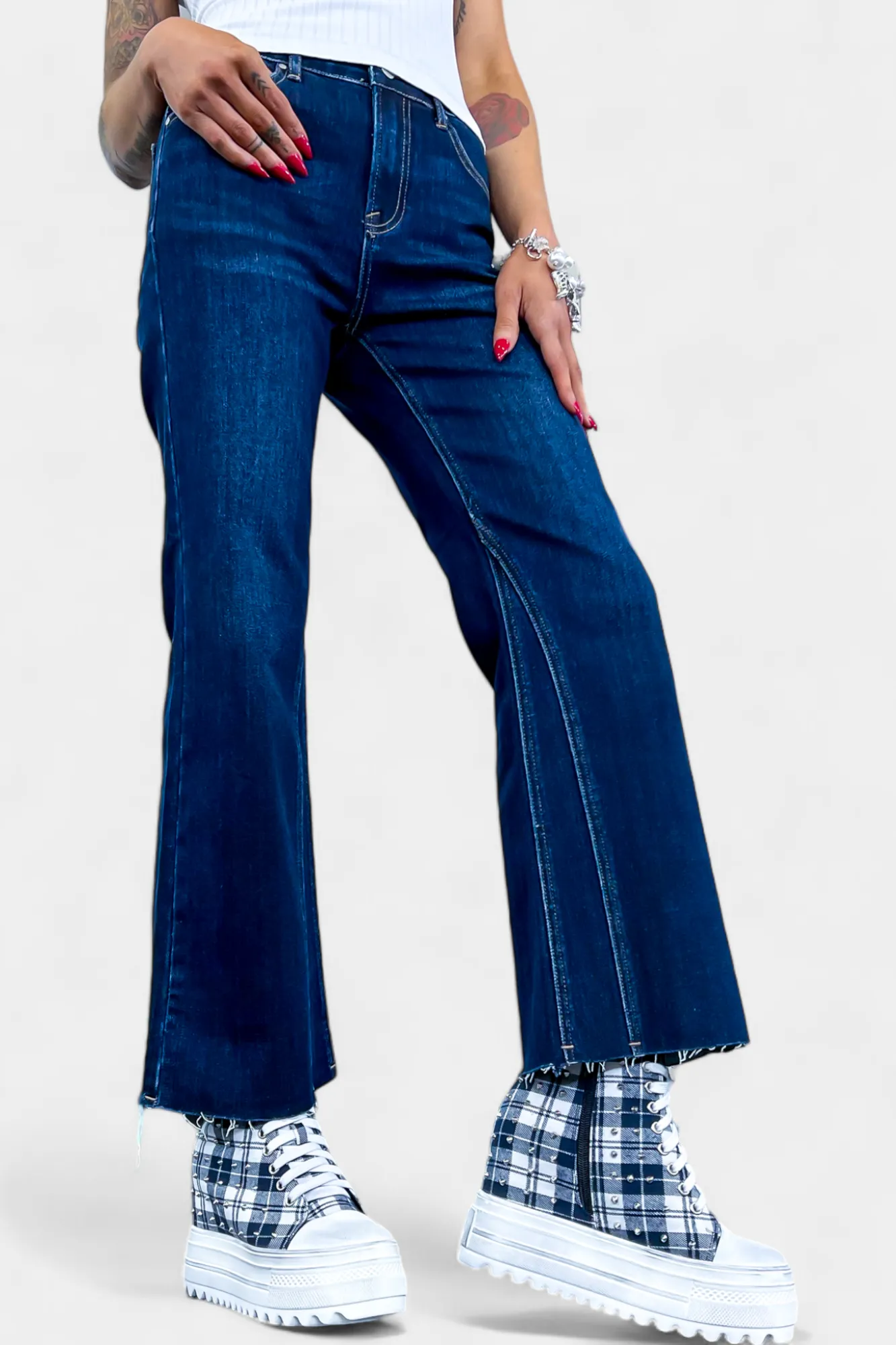 Dark Wash Mid Rise Ankle Flare Jeans