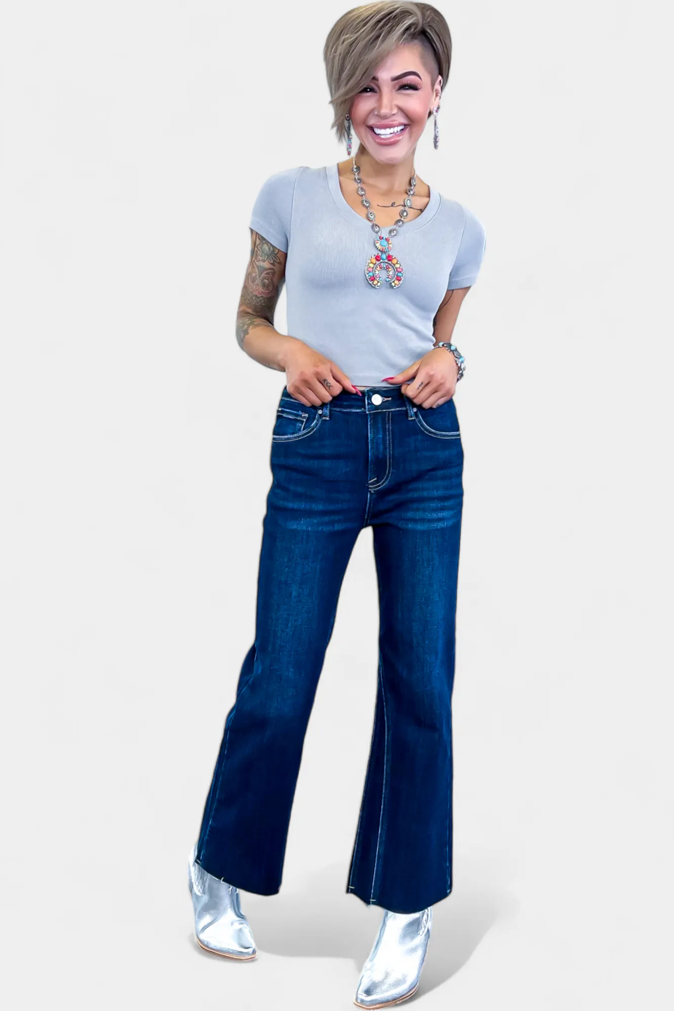 Dark Wash Mid Rise Ankle Flare Jeans