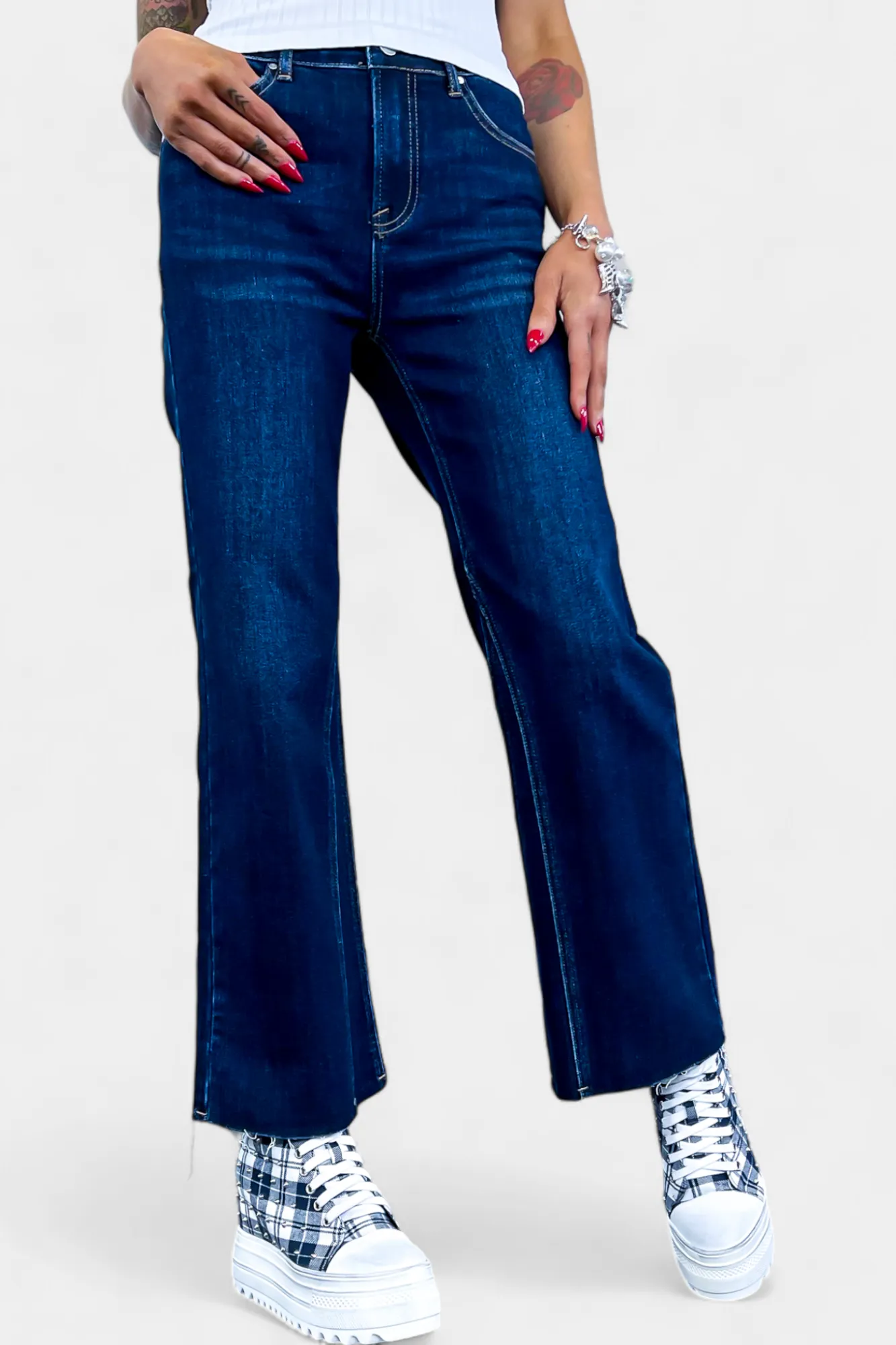 Dark Wash Mid Rise Ankle Flare Jeans