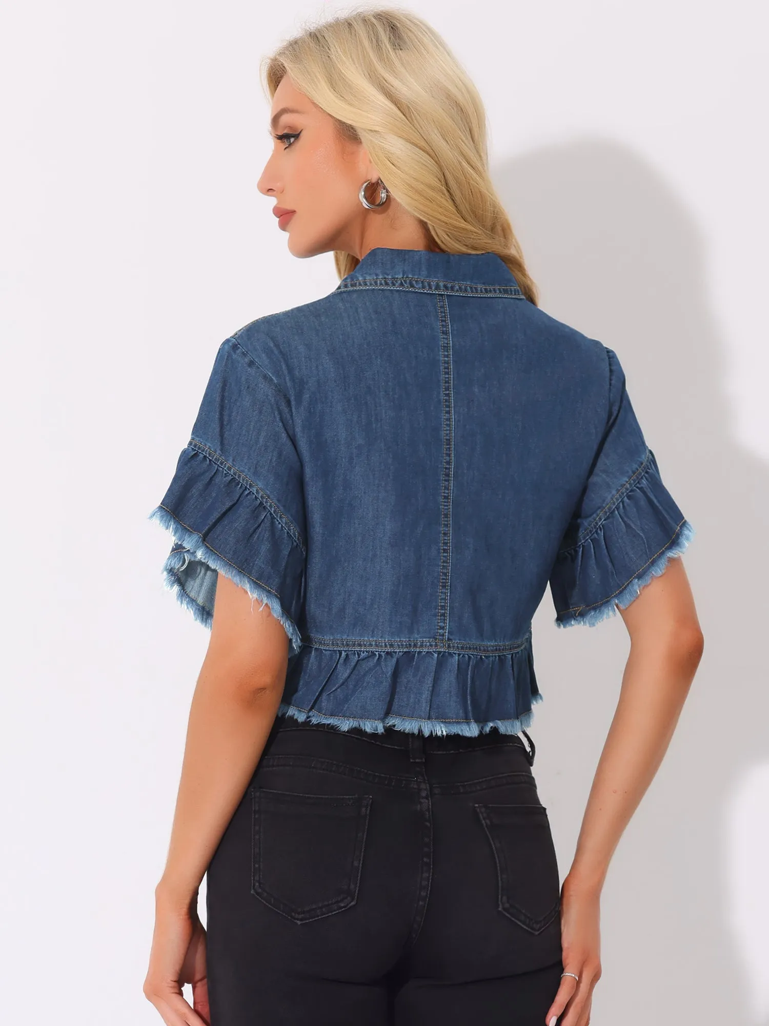 Denim Ruffled Short Sleeve Lightweight Peplum Hem Cropped Jean Jacket