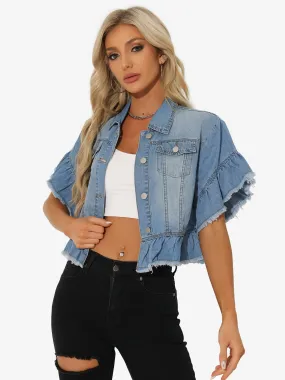 Denim Ruffled Short Sleeve Lightweight Peplum Hem Cropped Jean Jacket