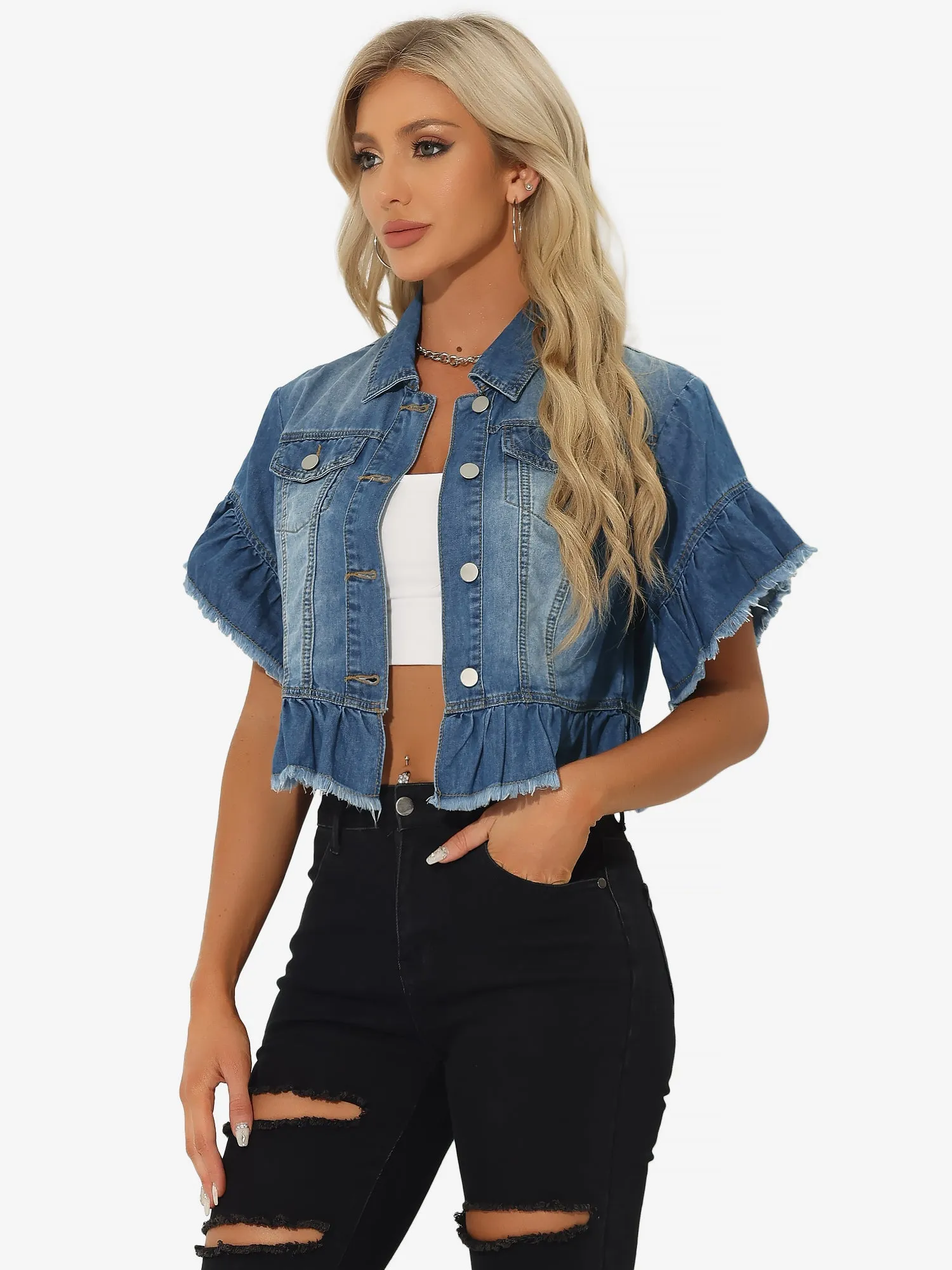 Denim Ruffled Short Sleeve Lightweight Peplum Hem Cropped Jean Jacket