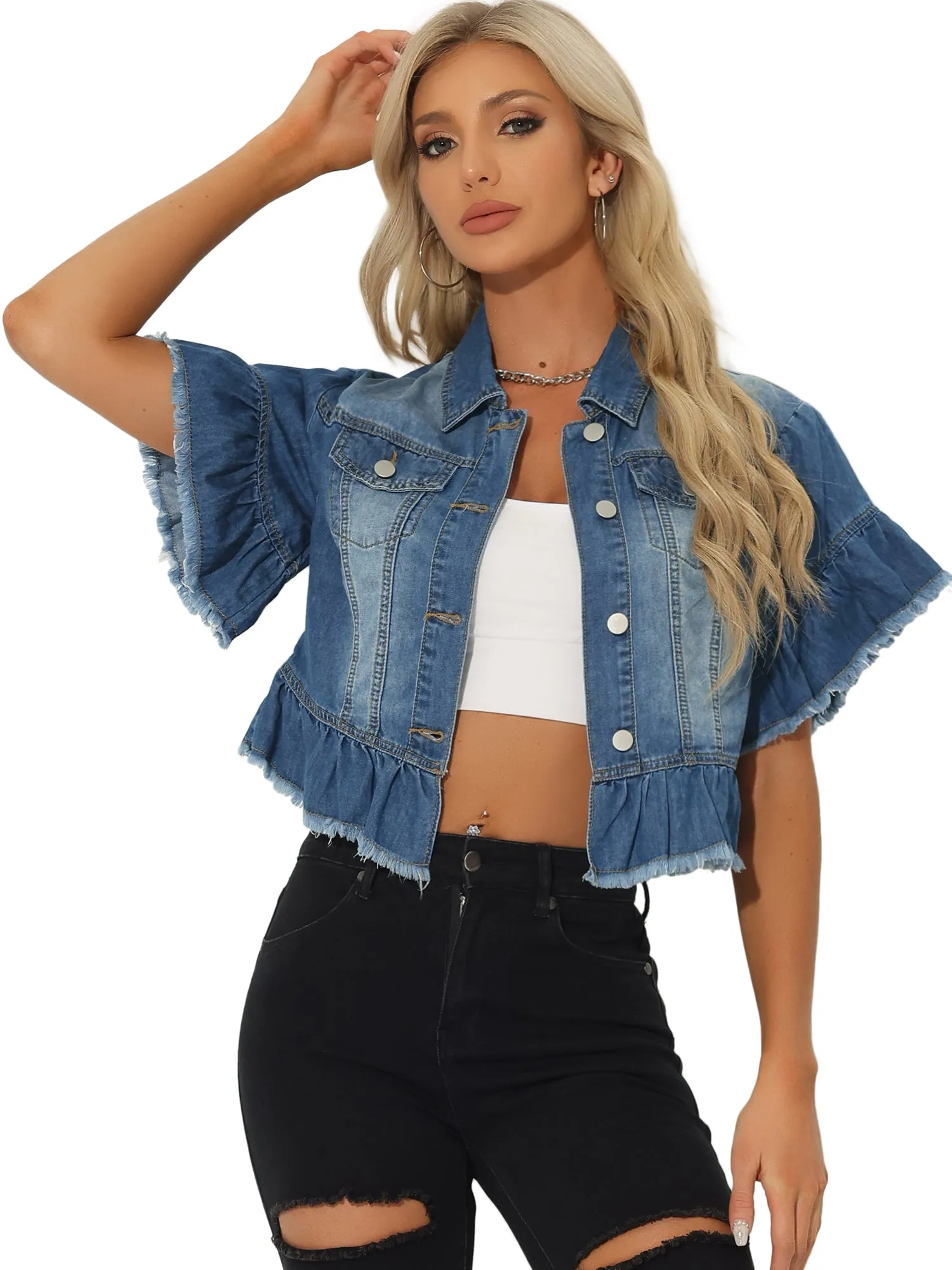 Denim Ruffled Short Sleeve Lightweight Peplum Hem Cropped Jean Jacket