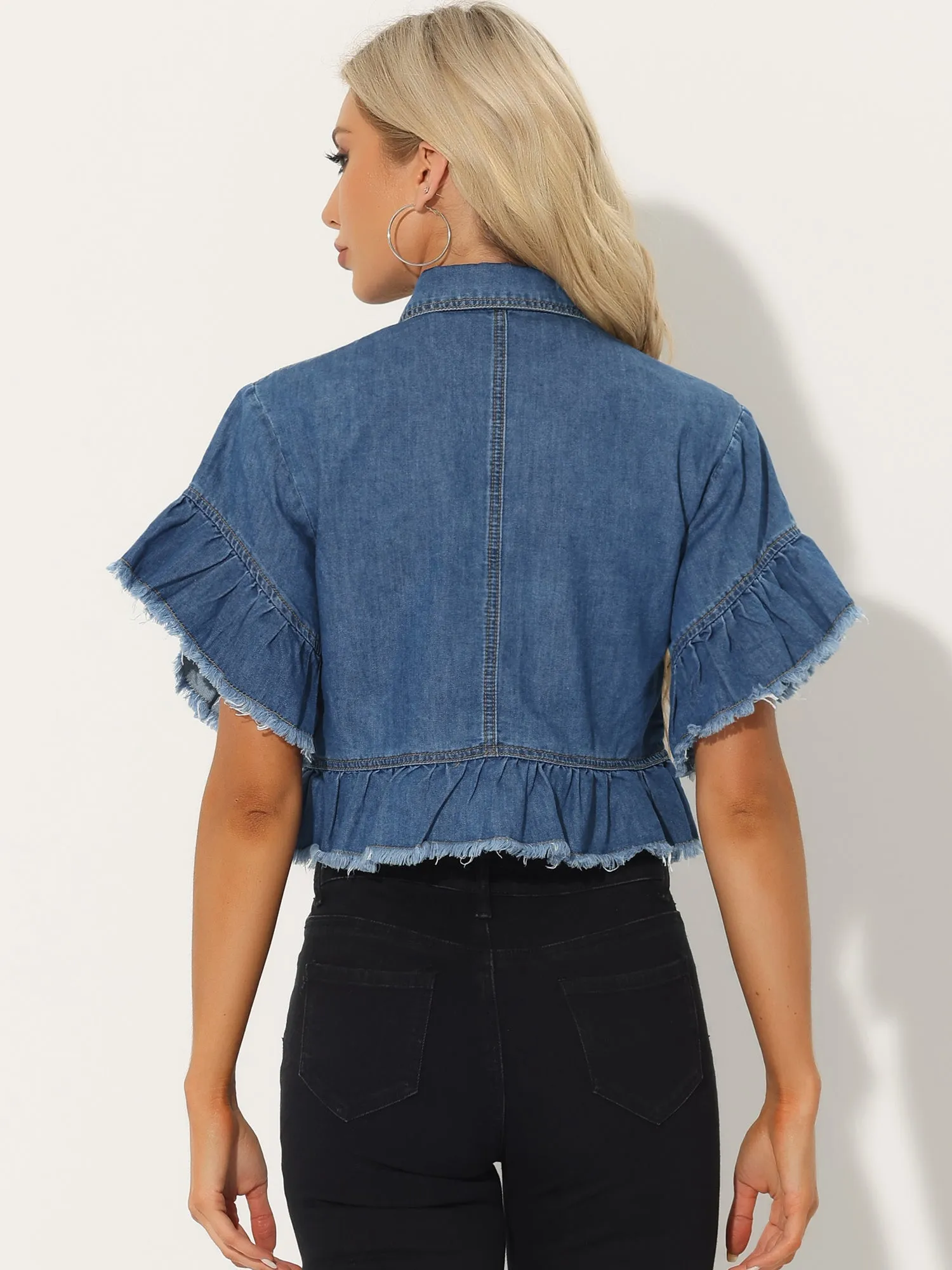 Denim Ruffled Short Sleeve Lightweight Peplum Hem Cropped Jean Jacket